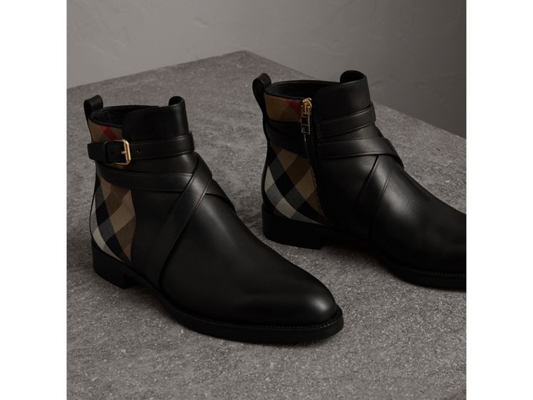 Strap Detail House Check and Leather Ankle Boots in Black - Women | Burberry United States