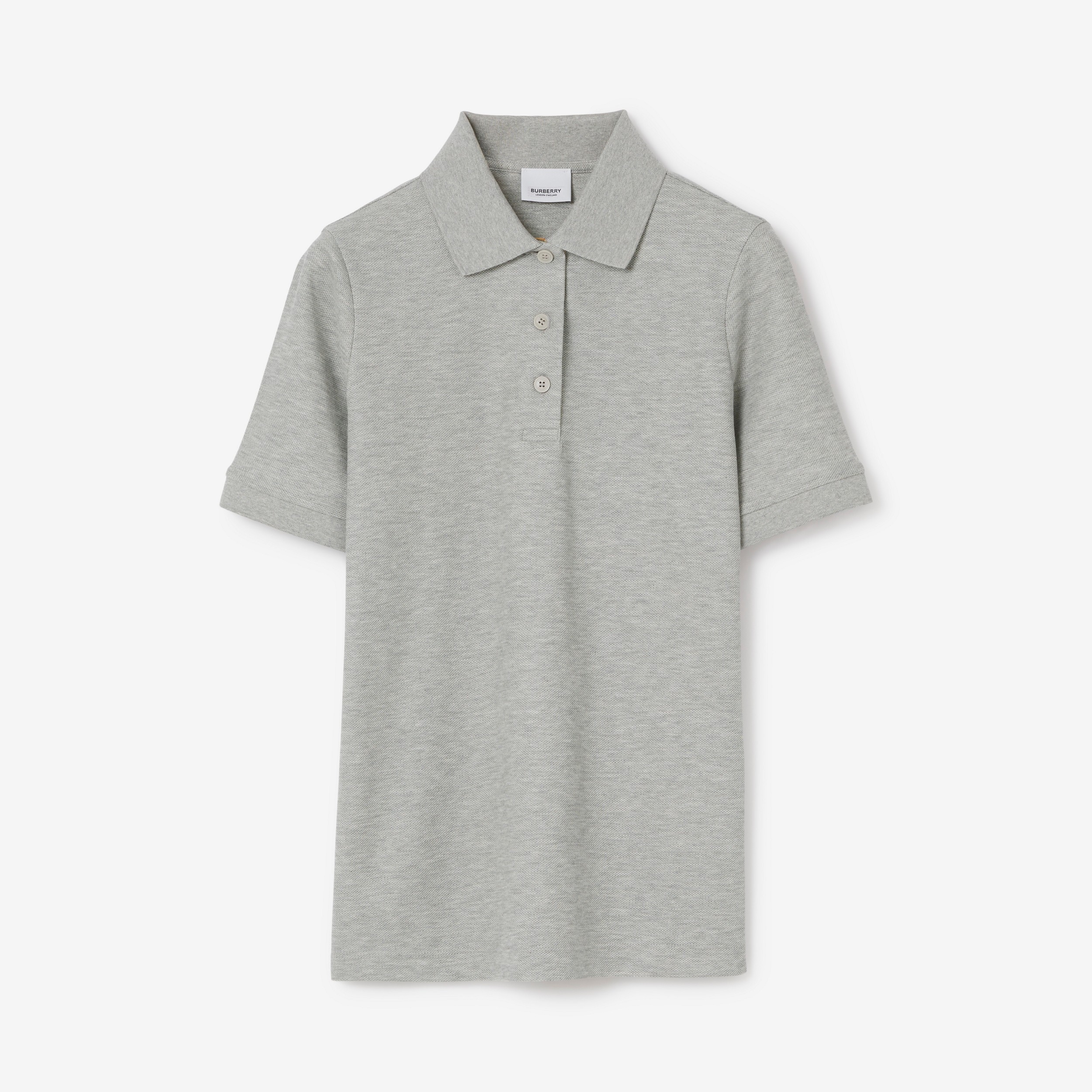 Check Placket Cotton Piqué Polo Shirt in Pale Grey Melange - Women | Burberry® Official - 1