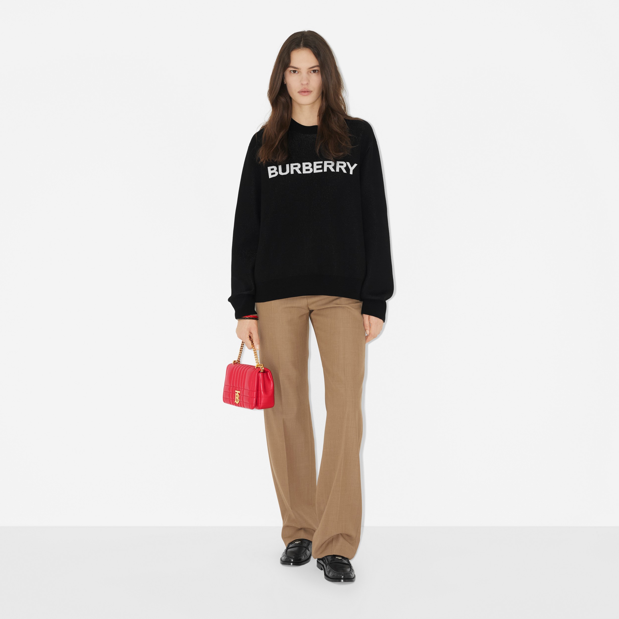 Logo Wool Cotton Jacquard Oversized Sweater in Black - Women | Burberry® Official - 2