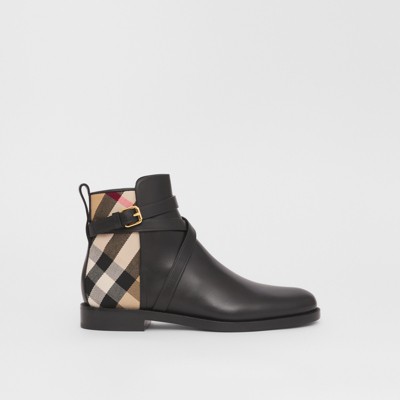 Burberry Equestrian Buckle Vintage Check Ankle Booties In Black/archive Beige