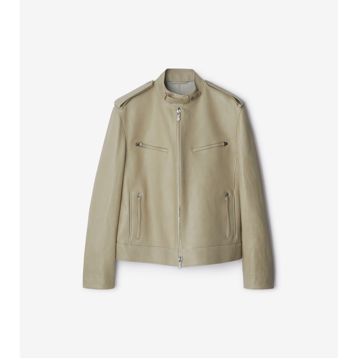 Shop Burberry Leather Jacket In Stone