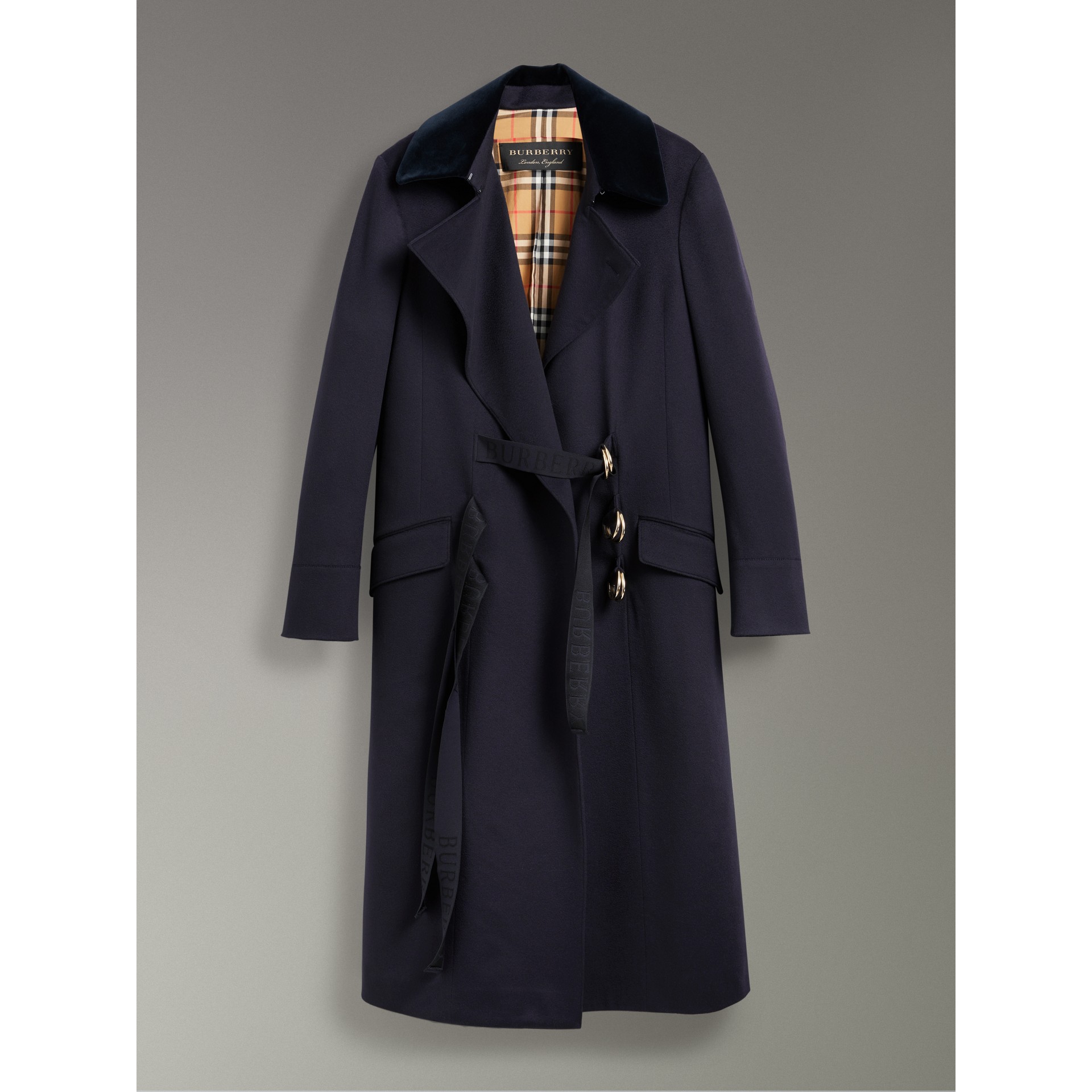 d ring detail doeskin wool coat in dark navy women burberry
