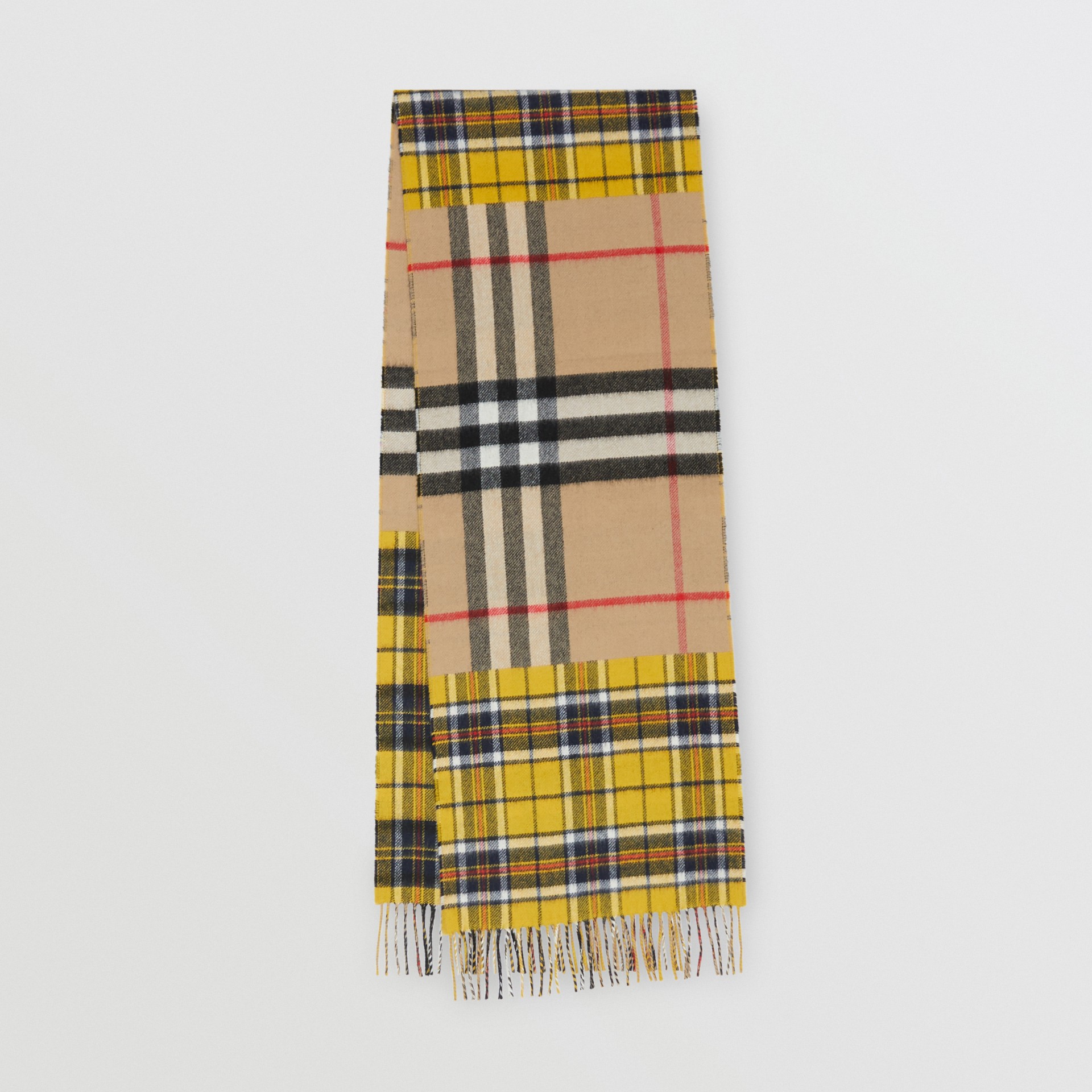 Contrast Check Cashmere Merino Wool Jacquard Scarf in Canary Yellow
