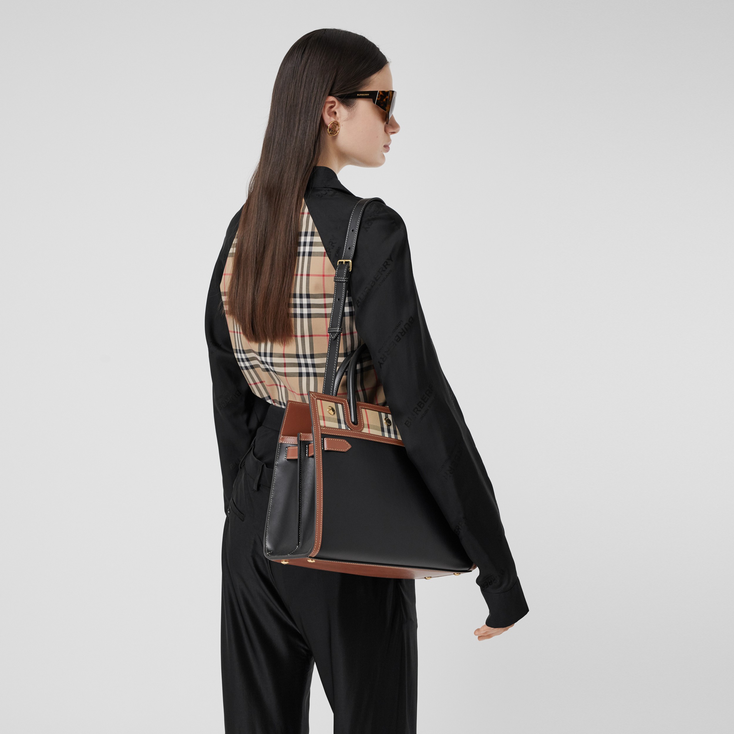 Leather and Vintage Check Small Two-handle Title Bag in Black - Women |  Burberry® Official