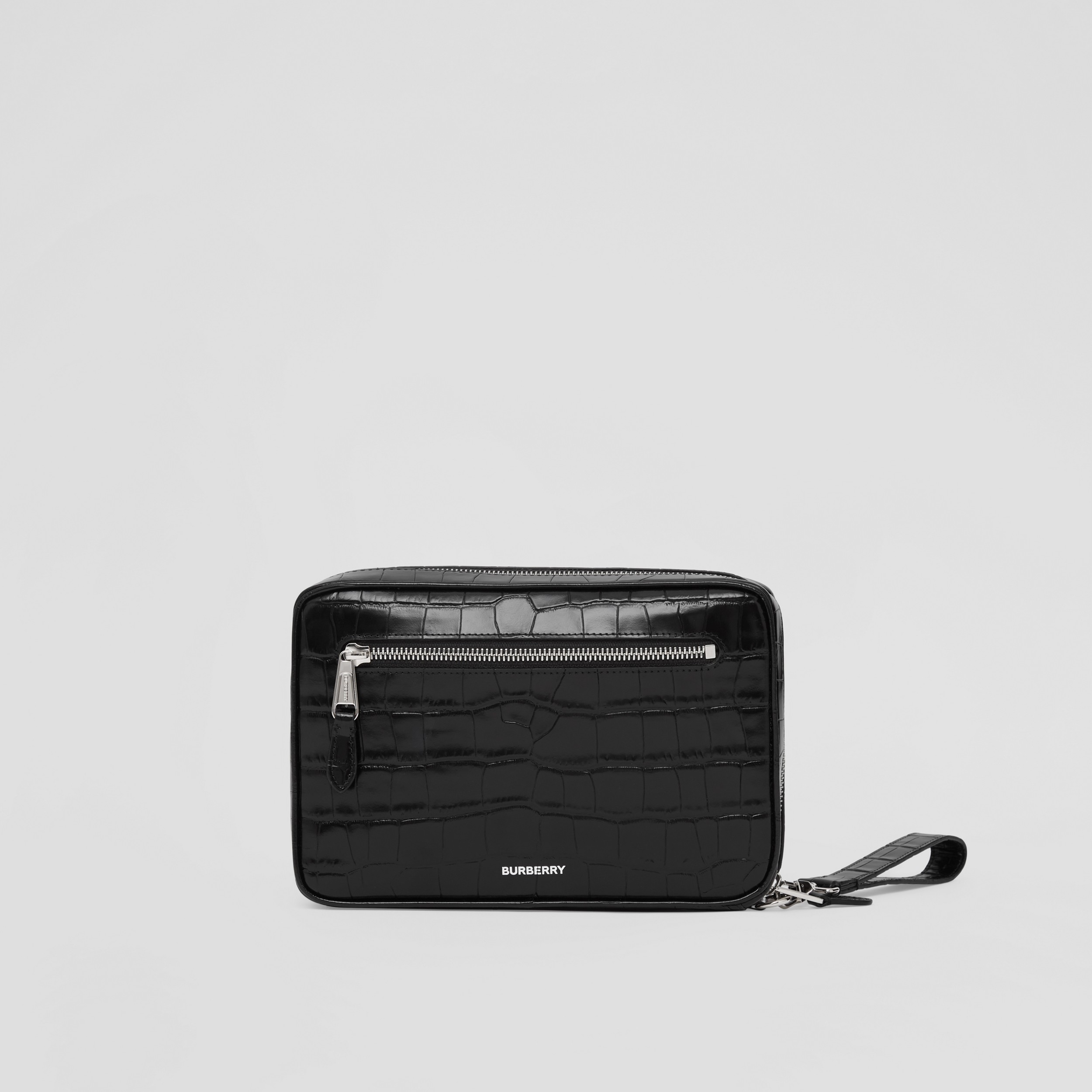 Embossed Leather Zip Pouch in Black | Burberry® Official - 1