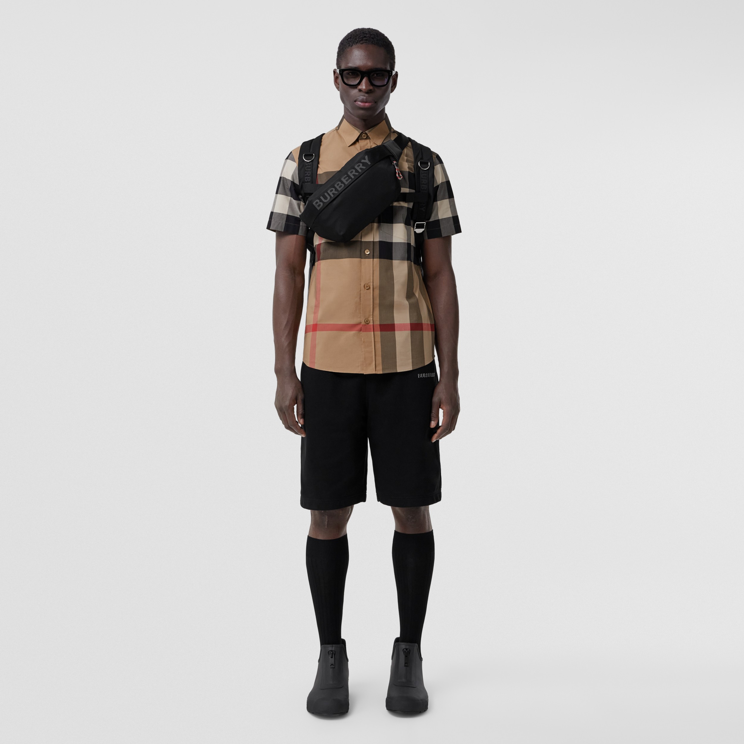 Short-sleeve Check Stretch Cotton Poplin Shirt in Archive Beige | Burberry®  Official