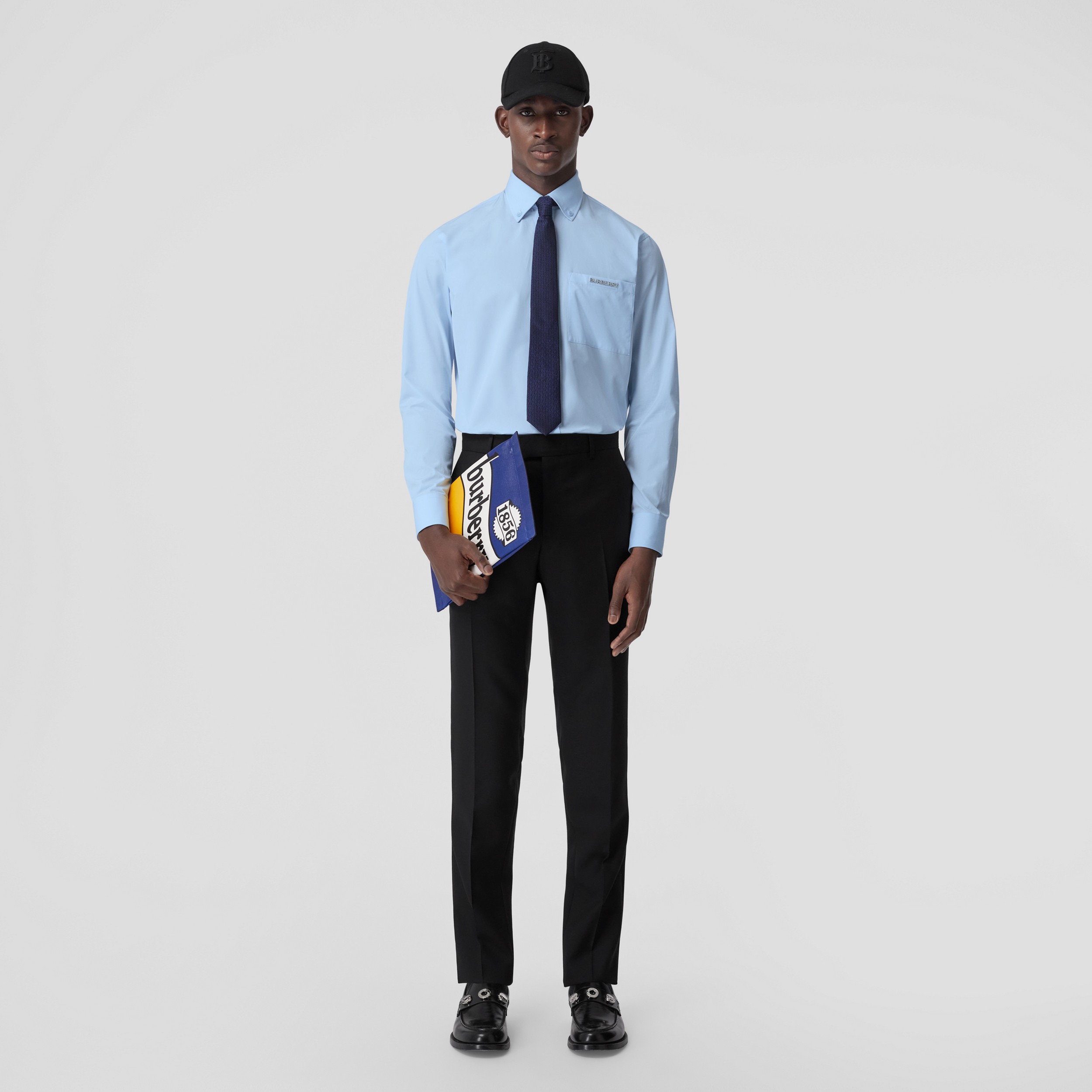 Slim Fit Button-down Collar Logo Detail Cotton Shirt in Pale Blue - Men | Burberry® Official - 1