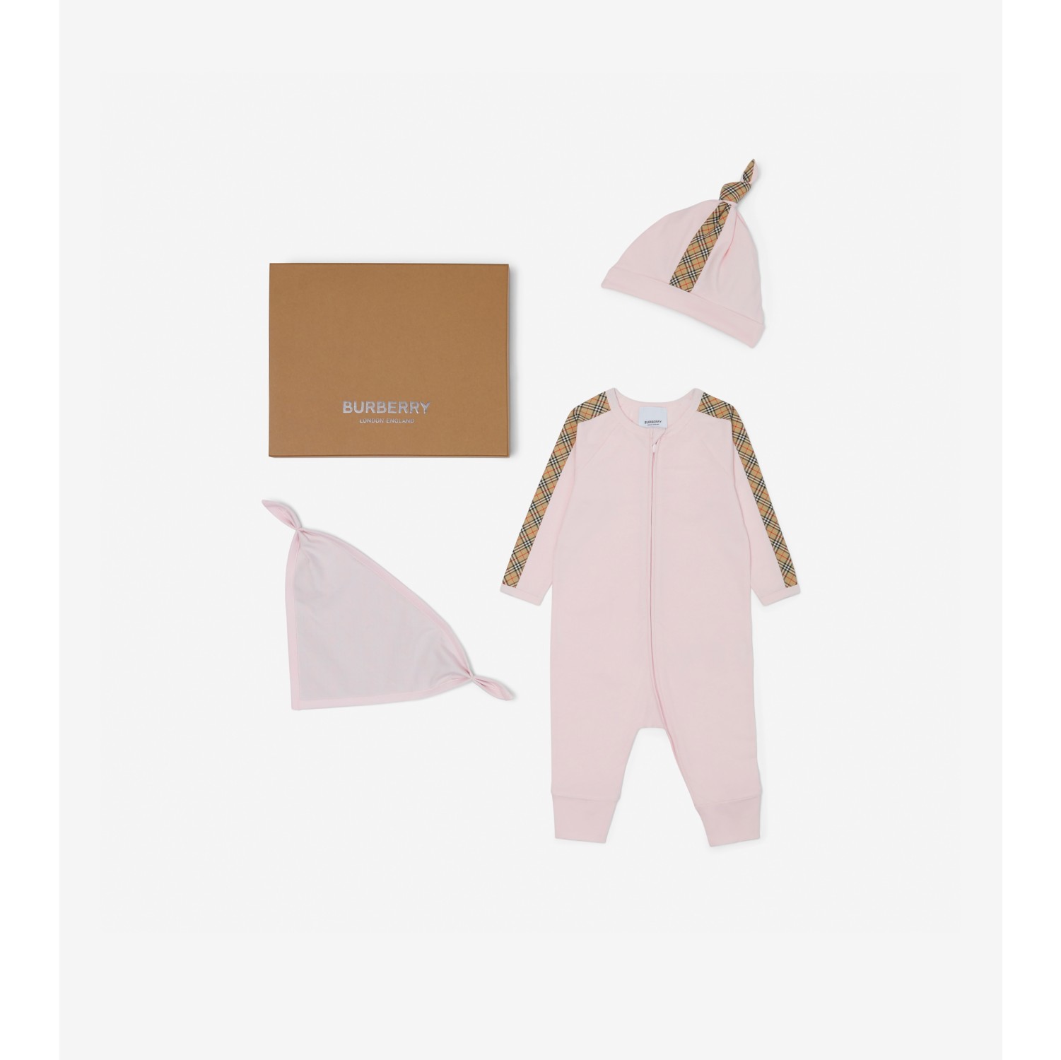 Check Trim Cotton Three-piece Baby Gift Set in Alabaster pink - Children |  Burberry® Official