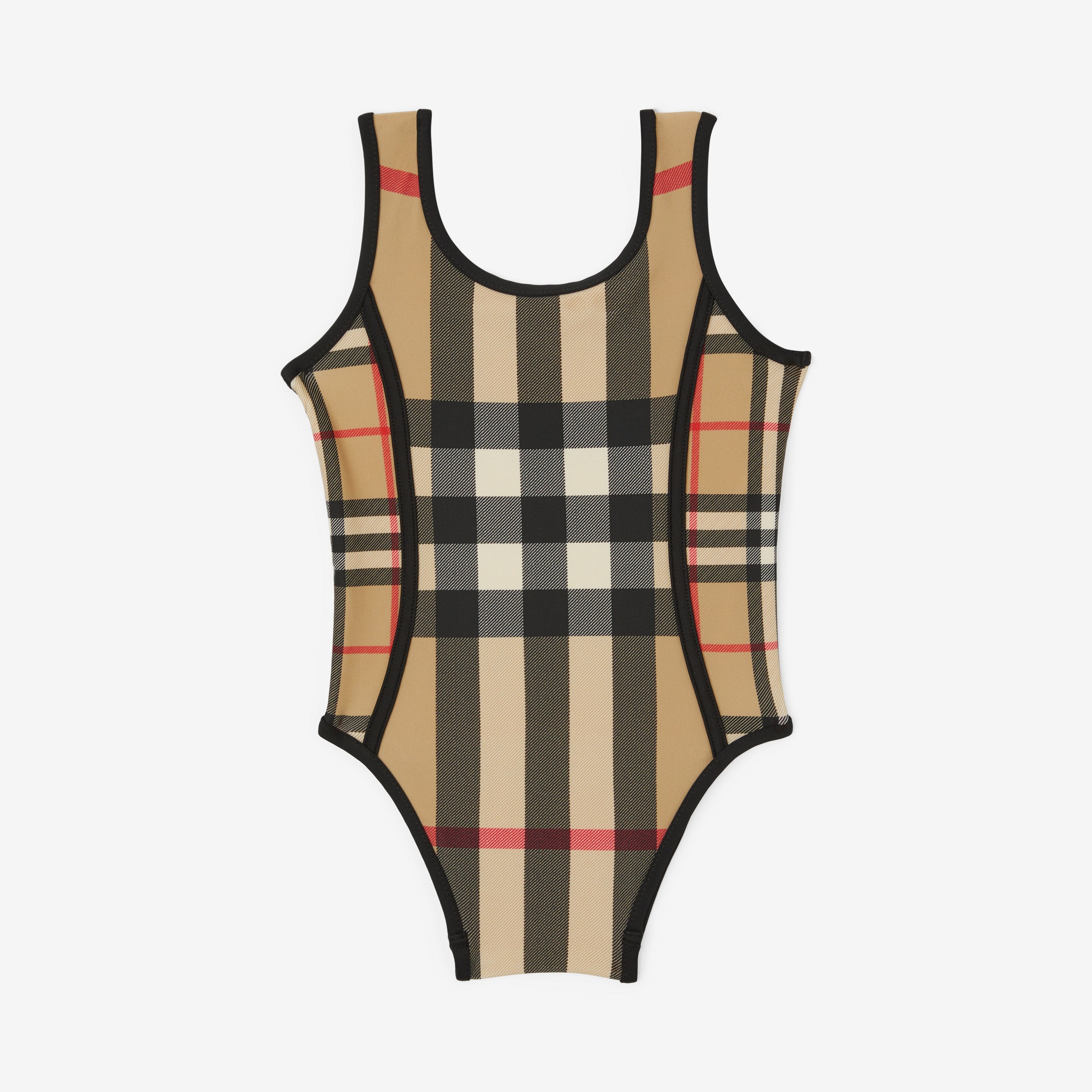 Contrast Check Stretch Nylon Swimsuit in Archive Beige - Children | Burberry® Official - 1