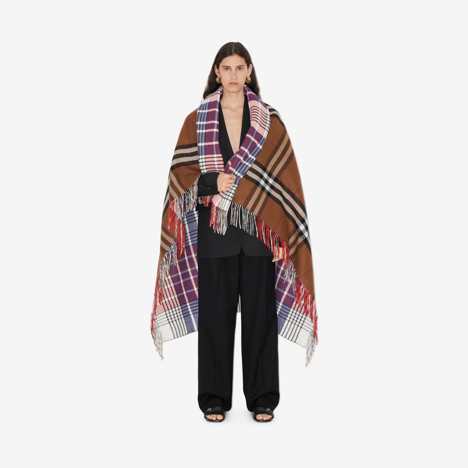 Check Wool Cashmere Reversible Blanket in Dark Birch Brown - Women | Burberry® Official