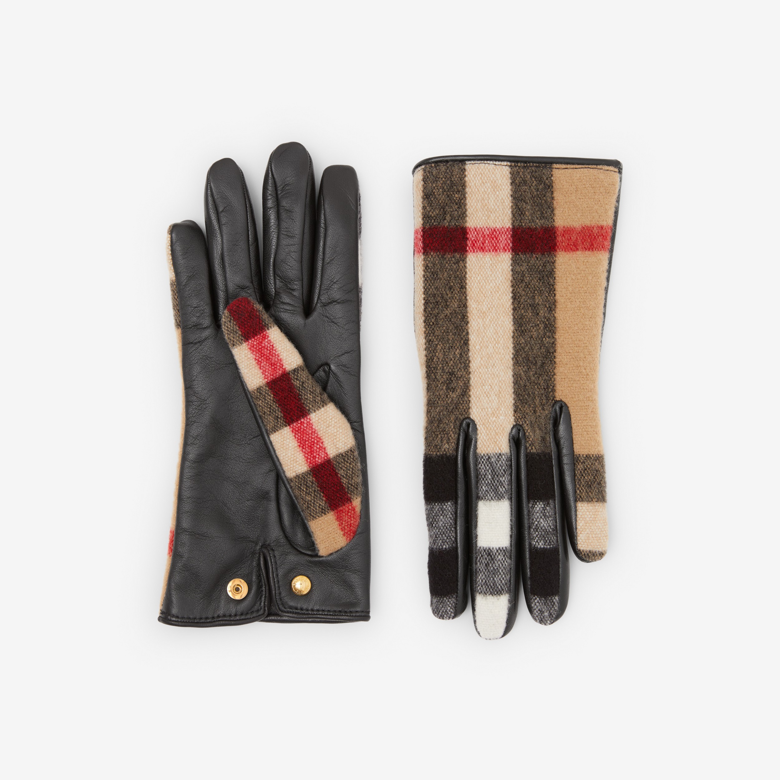 Exaggerated Check Wool and Leather Gloves in Archive Beige - Women ...