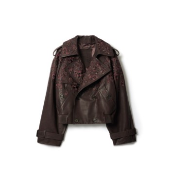 Cropped Floral Leather Trench Jacket in Berry purple - Men