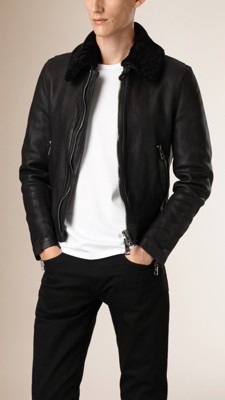 Black Shearling Topcollar Lambskin Biker Jacket - Image 1