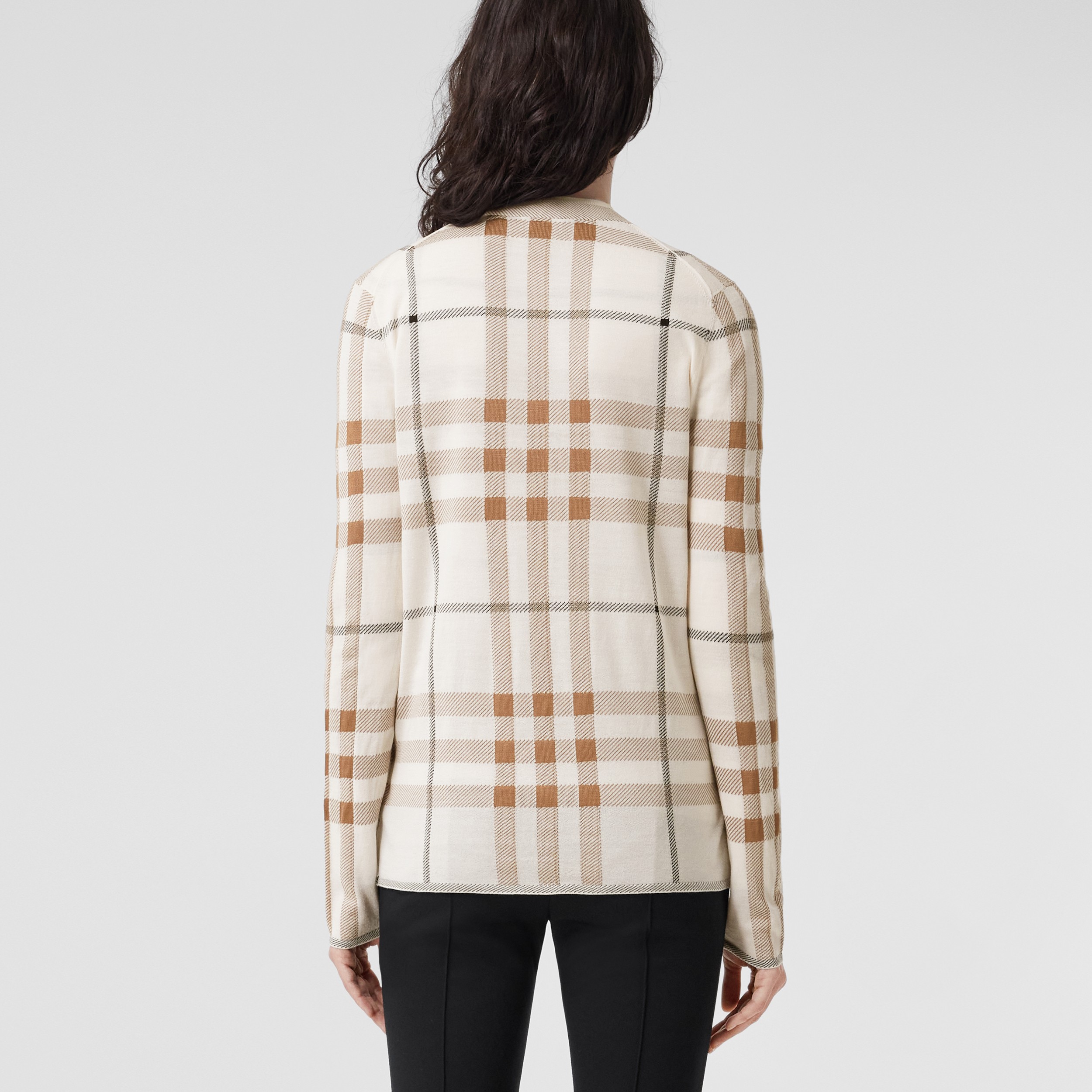 Check Intarsia Wool Silk Cotton Cardigan in Soft Sand - Women | Burberry® Official - 3