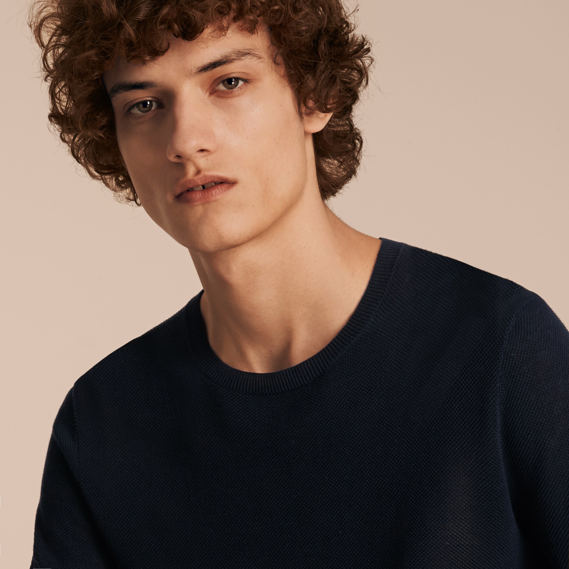 Crew Neck Textured Cotton Sweater in Navy | Burberry United States