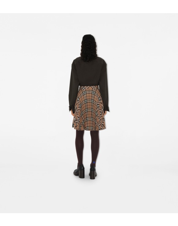 Pleated Check Wool Blend Skirt