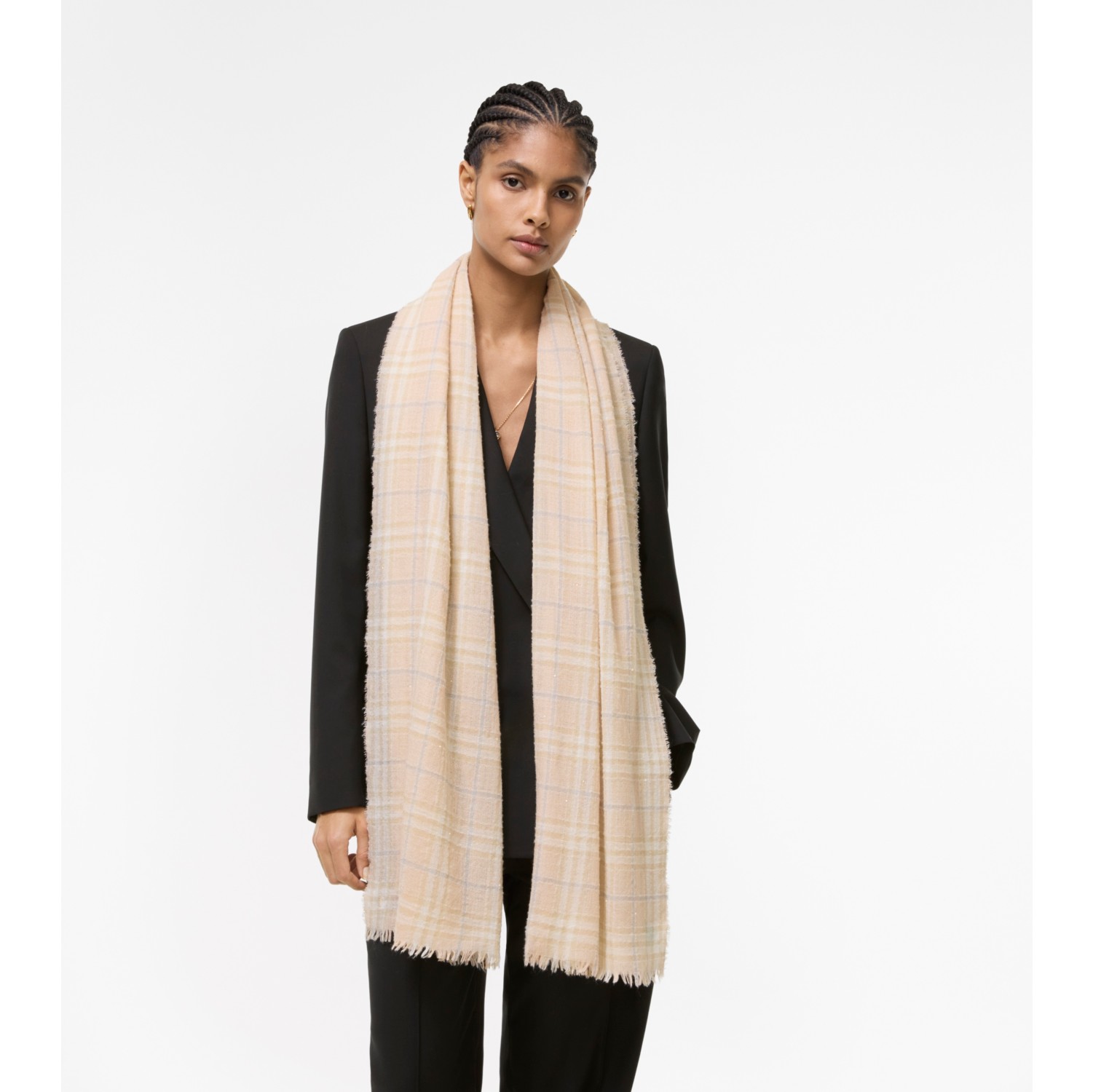 Wide Embellished Check Wool Silk Blend Scarf in Sesame beige | Burberry® Official