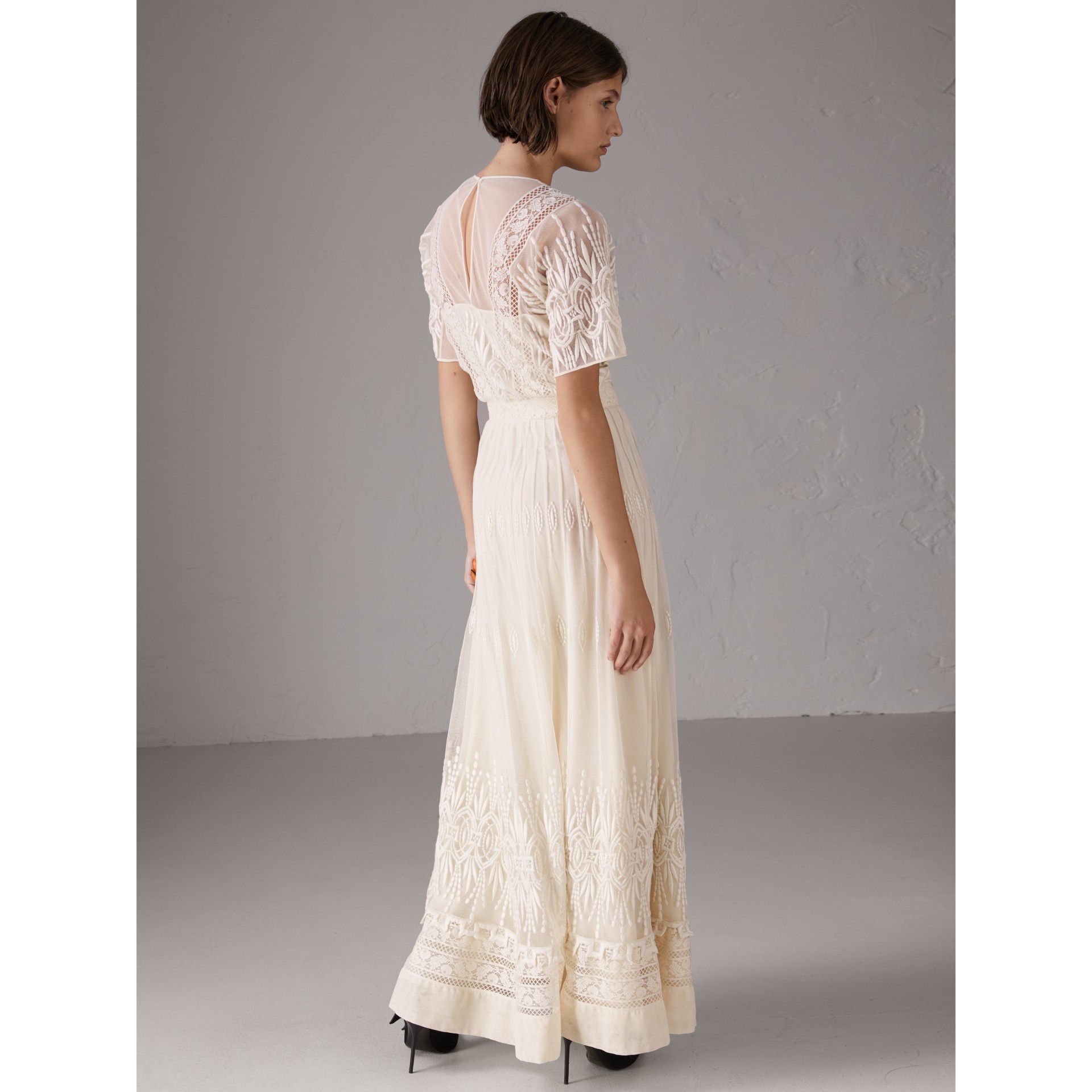 appliquéd embroidered tulle gown in white