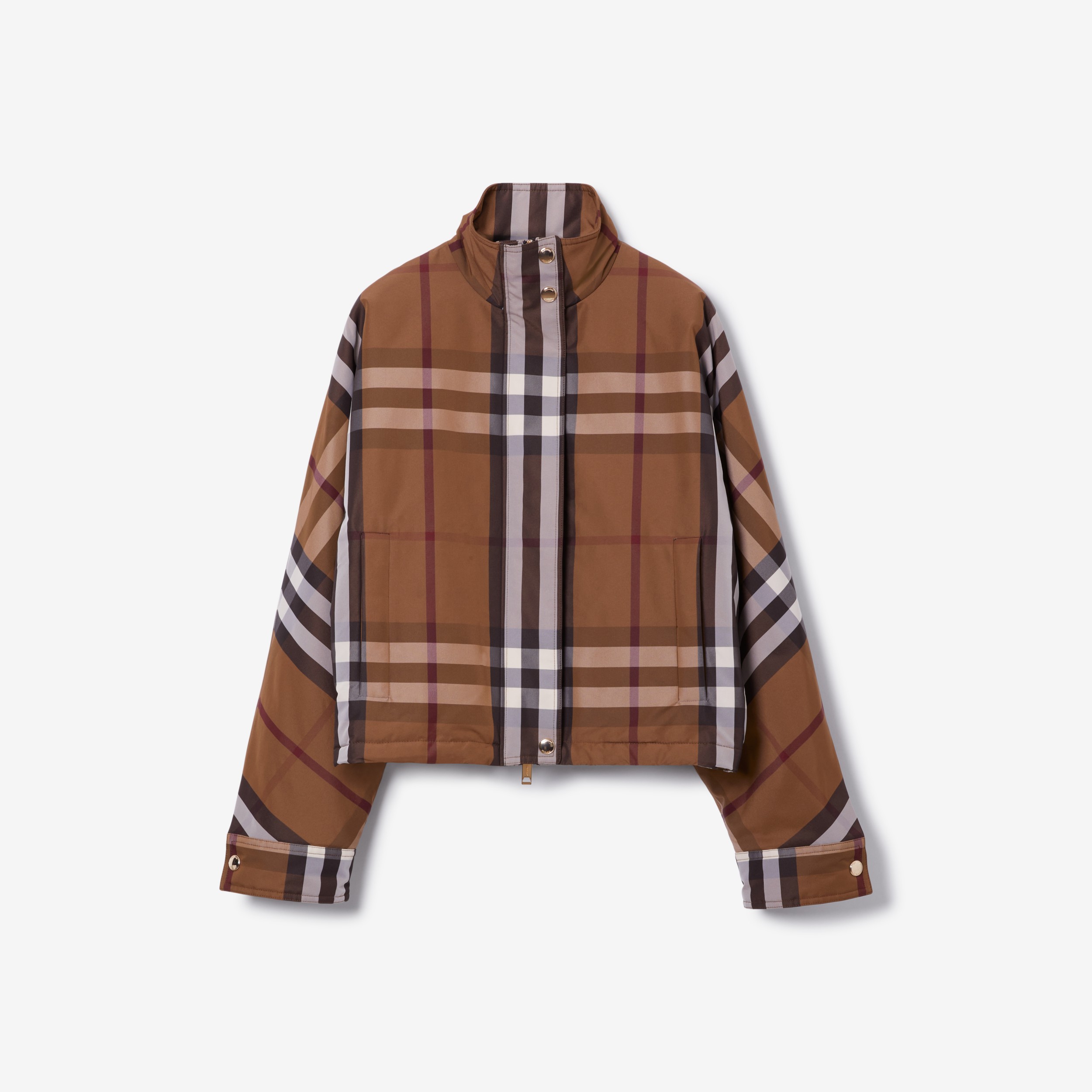 Check Nylon Funnel Neck Jacket in Dark Birch Brown - Women | Burberry® Official - 1