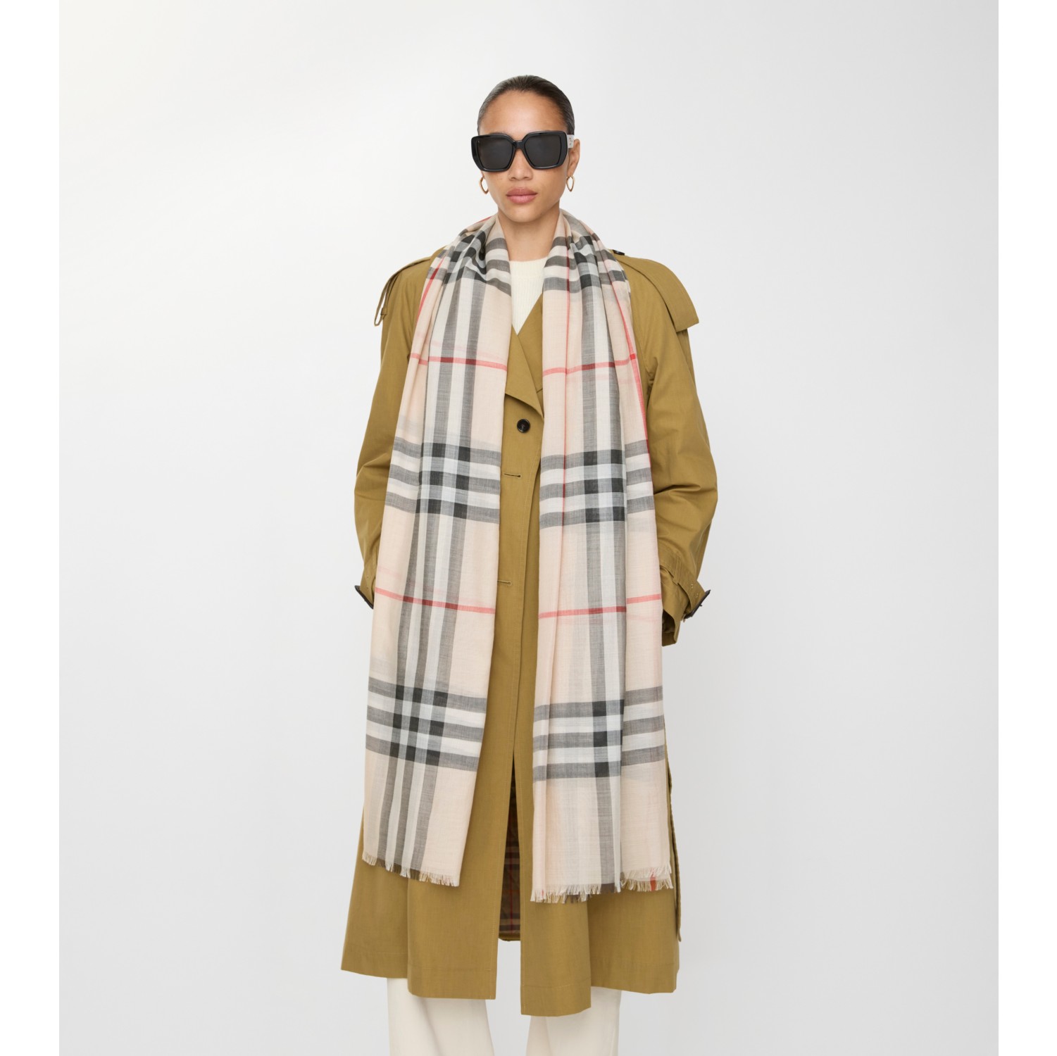 Wide Check Wool Silk Scarf in Stone | Burberry® Official