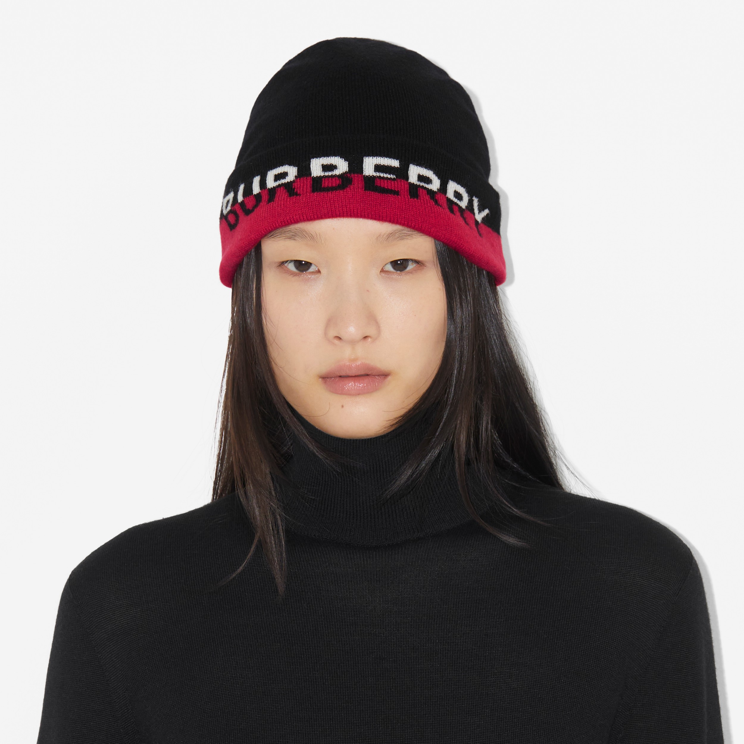 Logo Intarsia Cashmere Blend Beanie in Black/red/white | Burberry® Official - 4