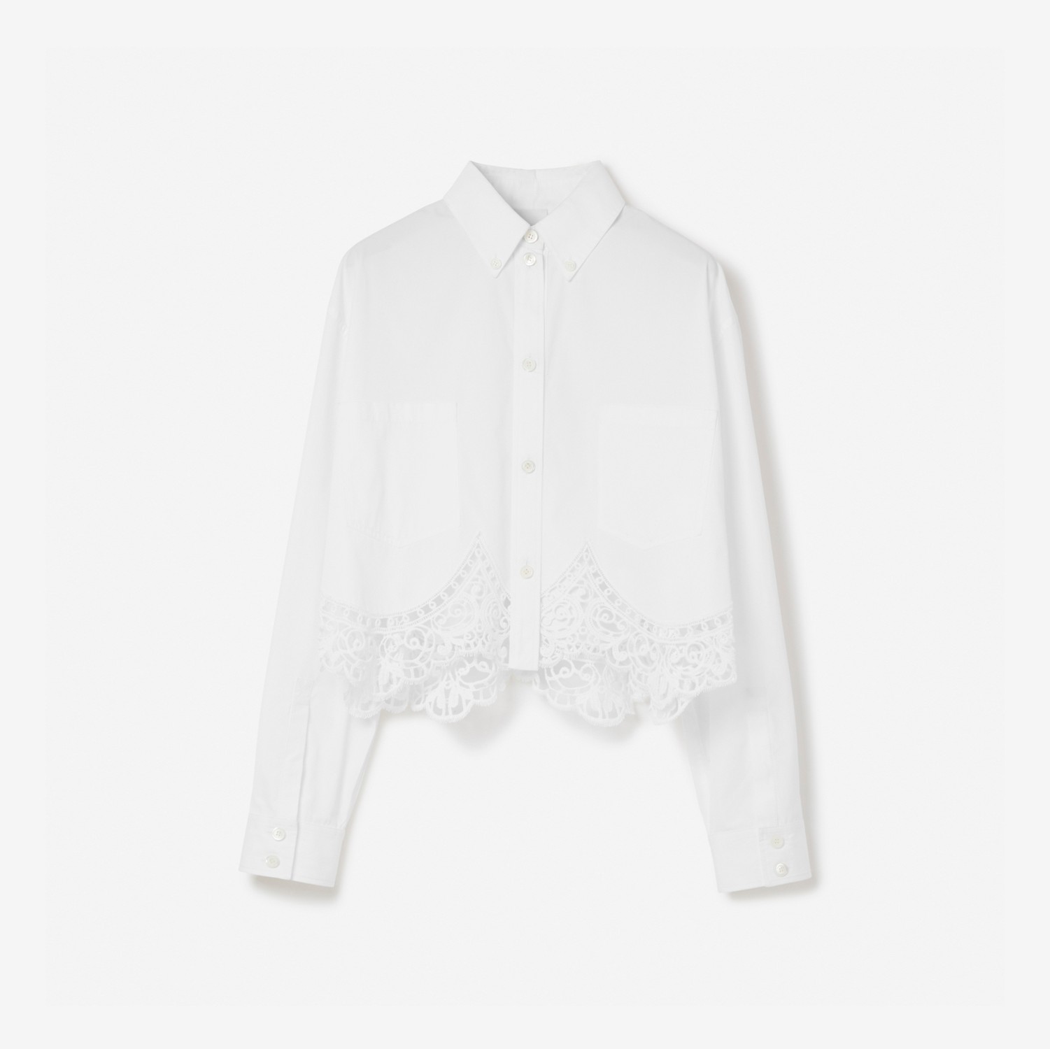 Camisa cropped de algodão com bainha de renda macramê (Branco Óptico) - Mulheres | Burberry® oficial