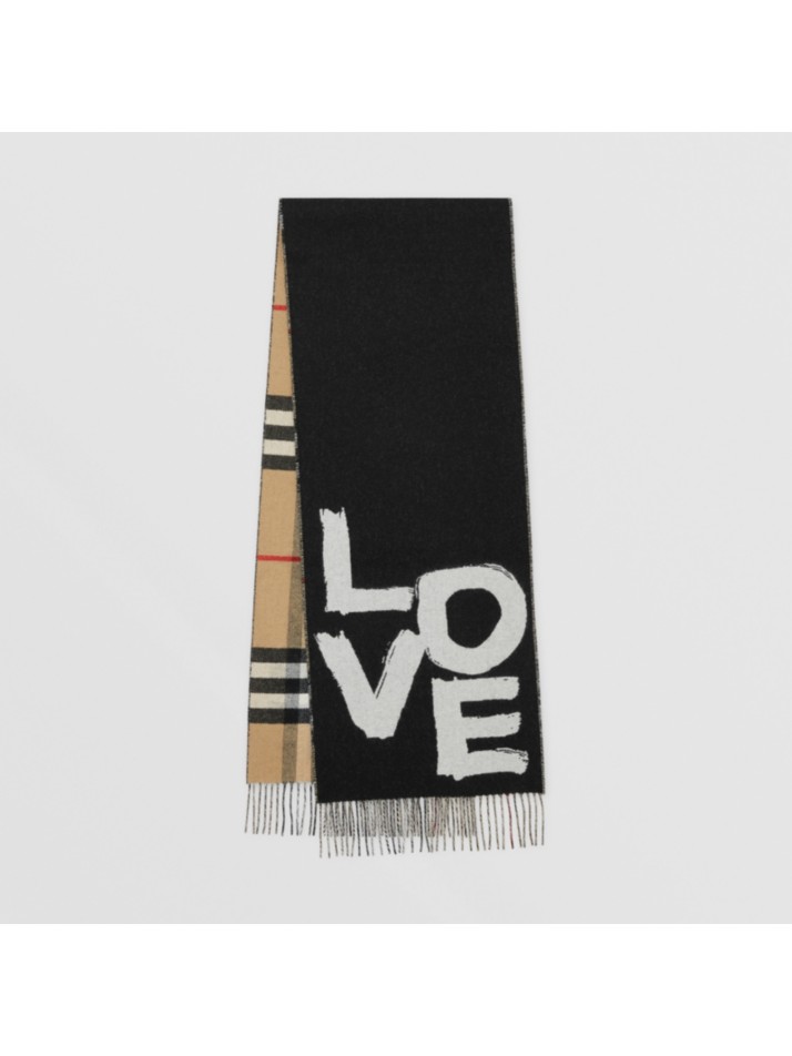 love 图案格纹提花羊绒围巾