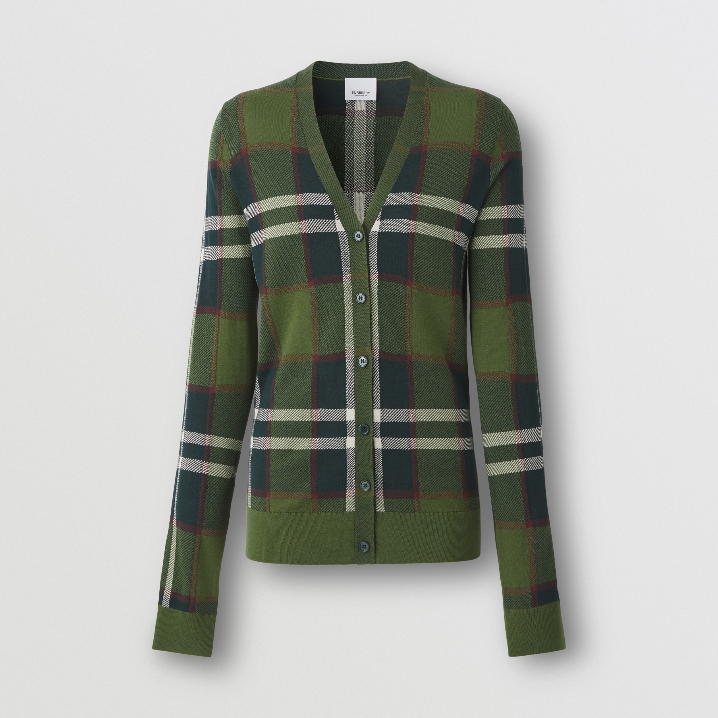 Check Intarsia Wool Silk Cotton Cardigan in Olive - Women | Burberry® Official - 4