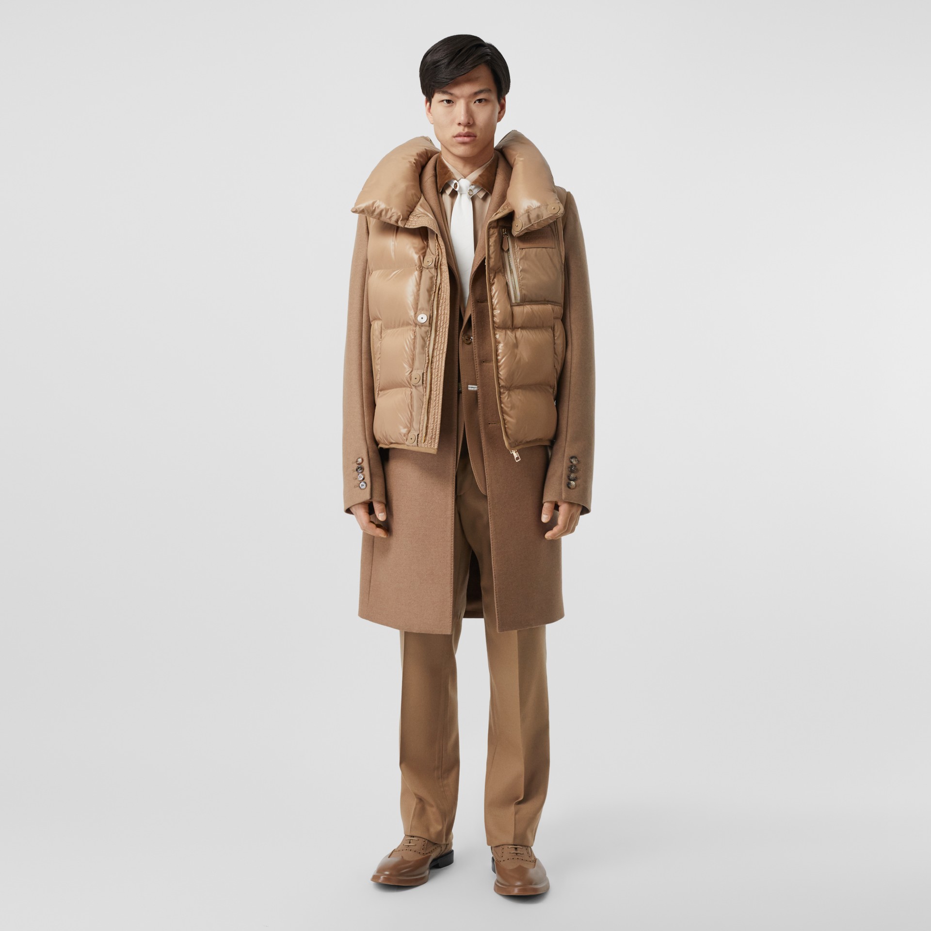 Down Filled Gilet Detail Camel Hair Tailored Coat Men Burberry