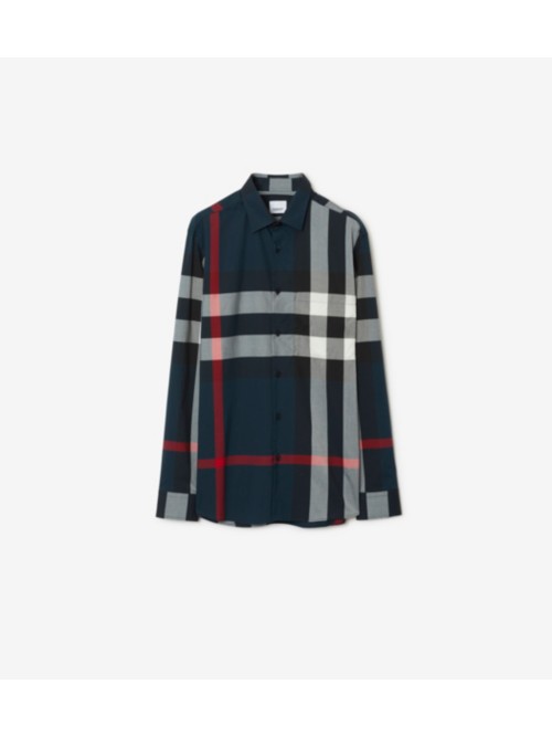 Shop Burberry Check Cotton Shirt In Navy