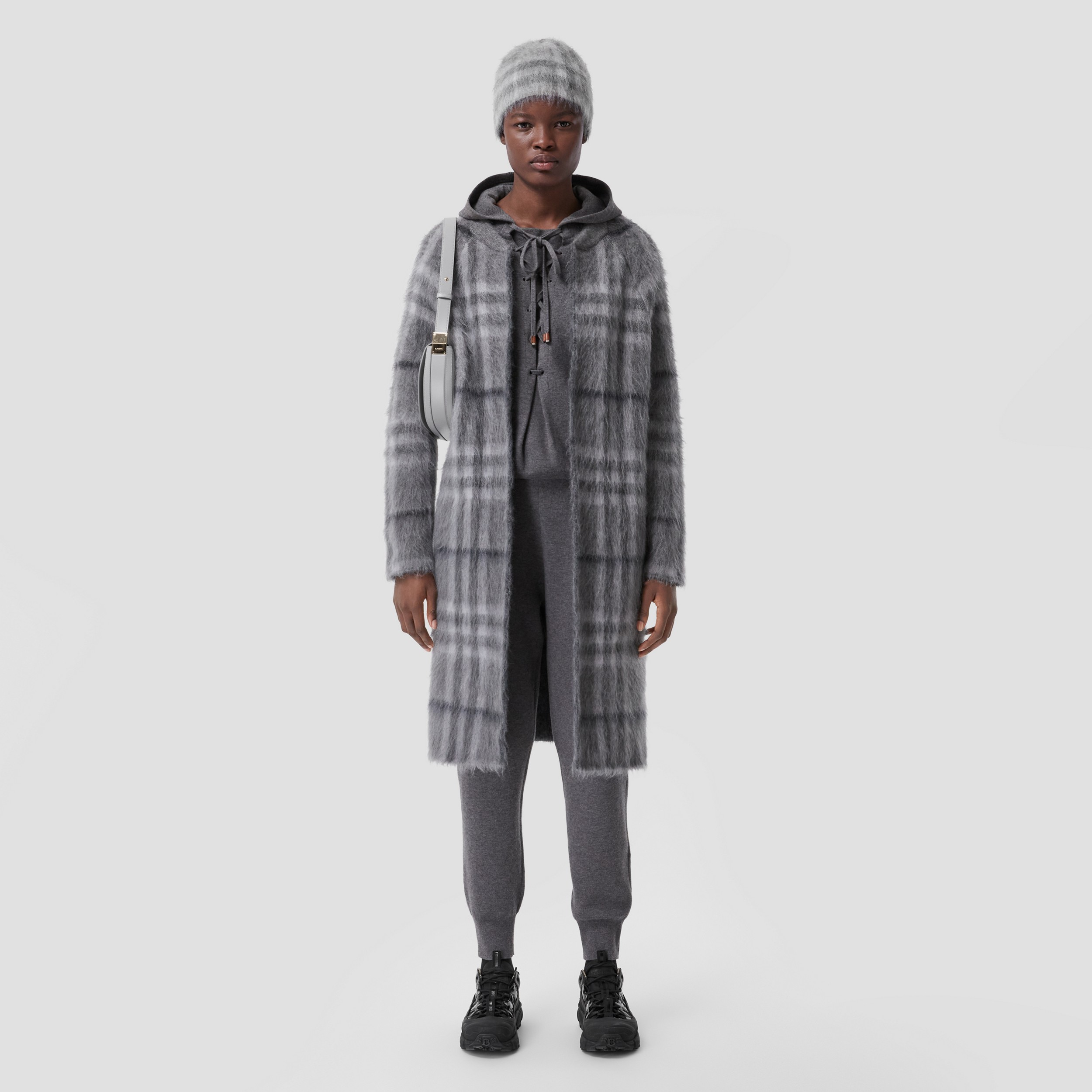 Custom Fit Check Mohair Silk Blend Cardigan in Shale Grey - Women | Burberry® Official - 1