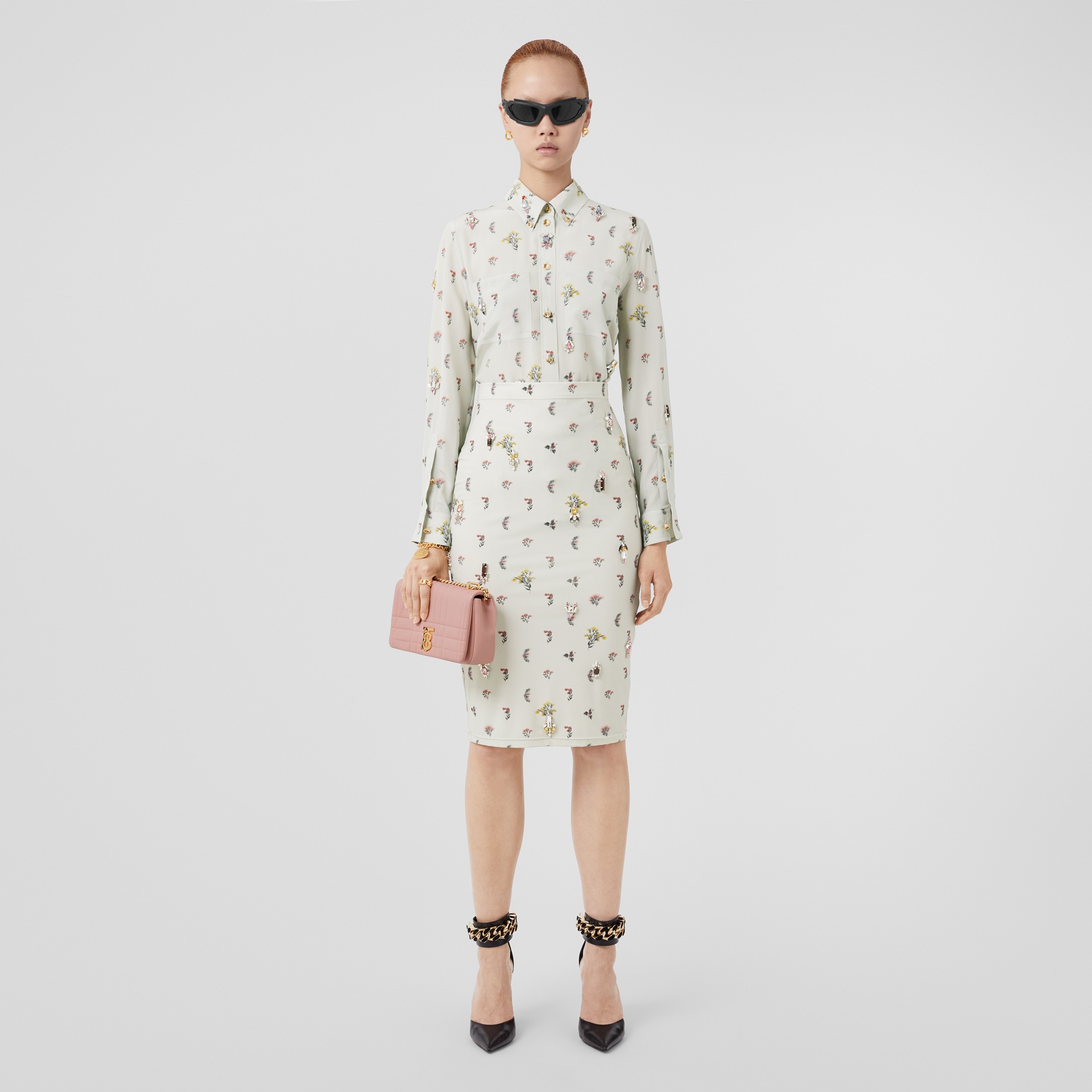 Falda de tubo en tejido jersey elástico con estampado floral y cristales (Gris Pergamino) - Mujer | Burberry® oficial - 1