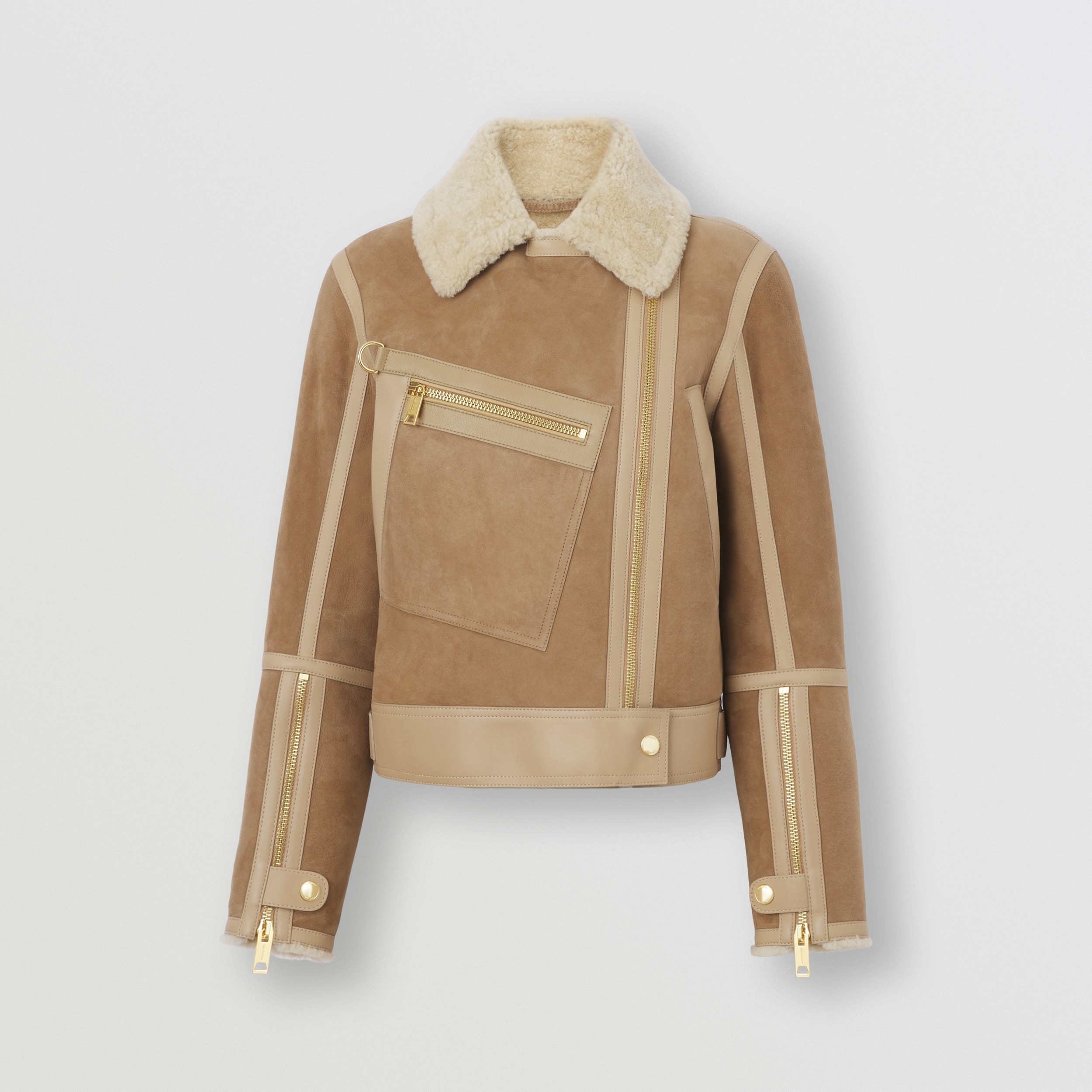 Pocket Detail Shearling Aviator Jacket in Soft Fawn - Women | Burberry® Official - 3