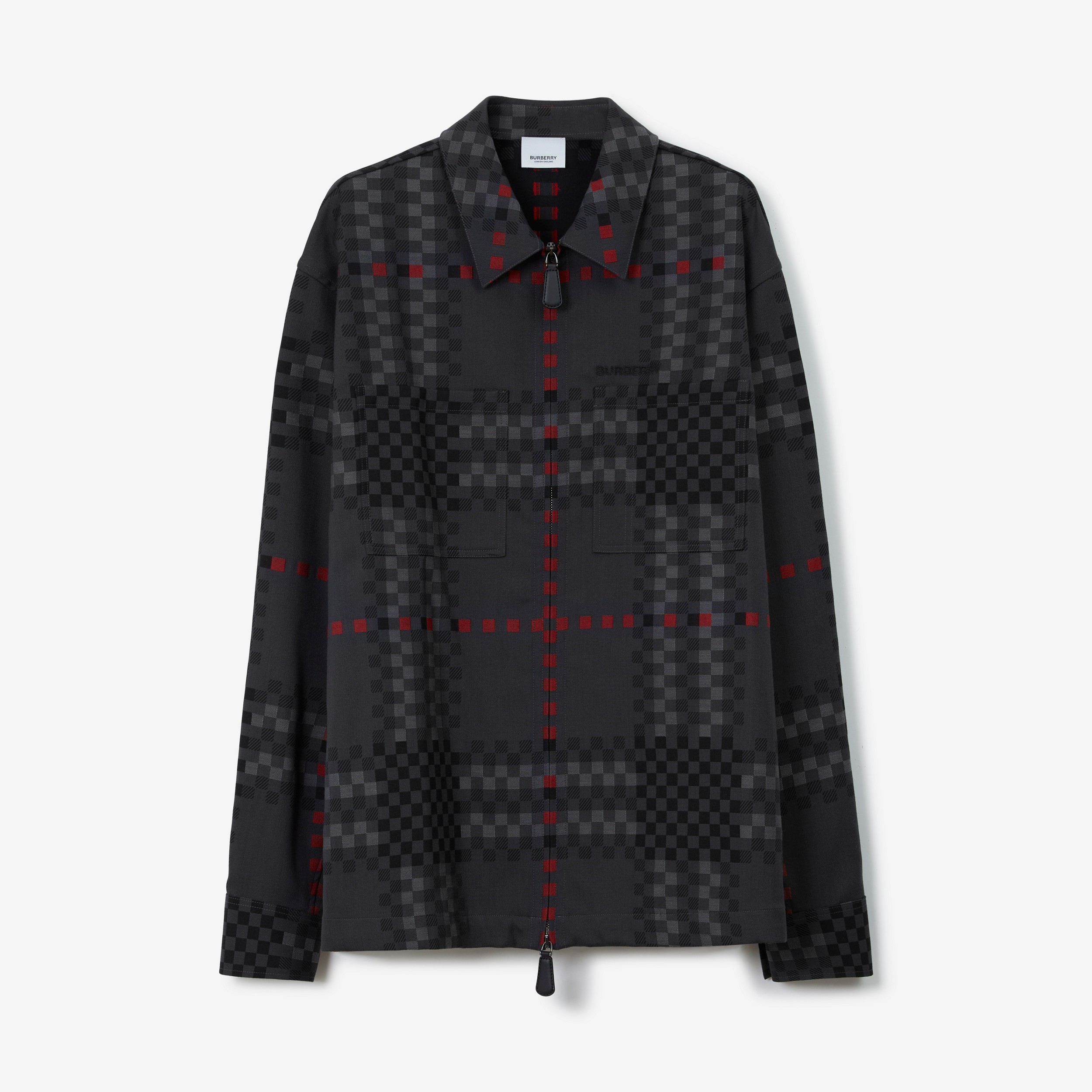 Camisa com zíper frontal de algodão e lã em estampa xadrez pixelada (Cinza Trovão Escuro) - Homens | Burberry® oficial - 1