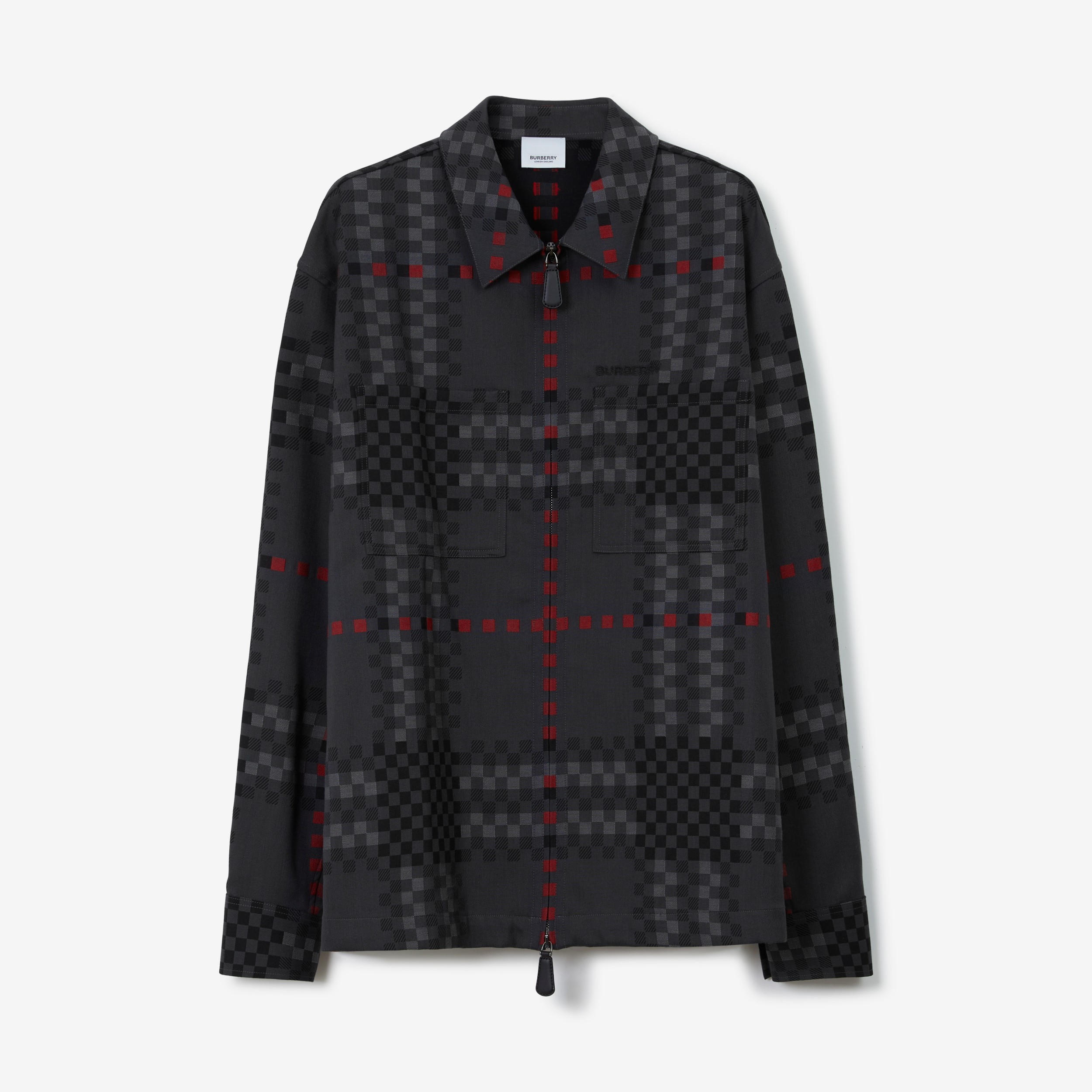 Pixel Check Wool Cotton Blend Zip-front Shirt in Dark Thunder Grey - Men |  Burberry® Official