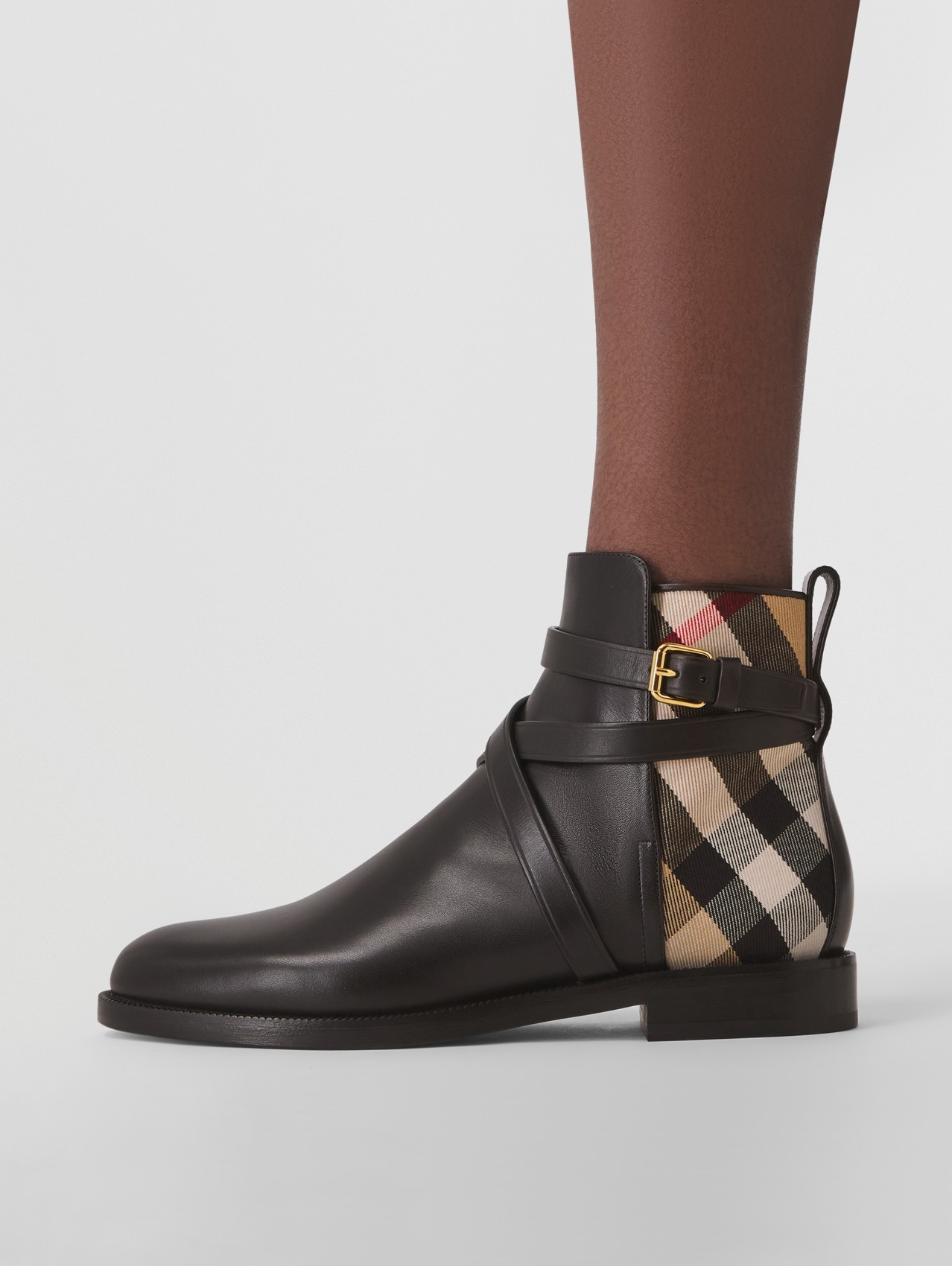 House Check and Leather Ankle Boots in Black/archive Beige