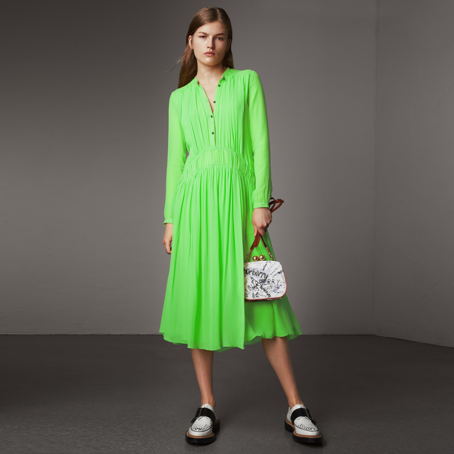 Gathered Silk Dress in Neon Green Women Burberry United