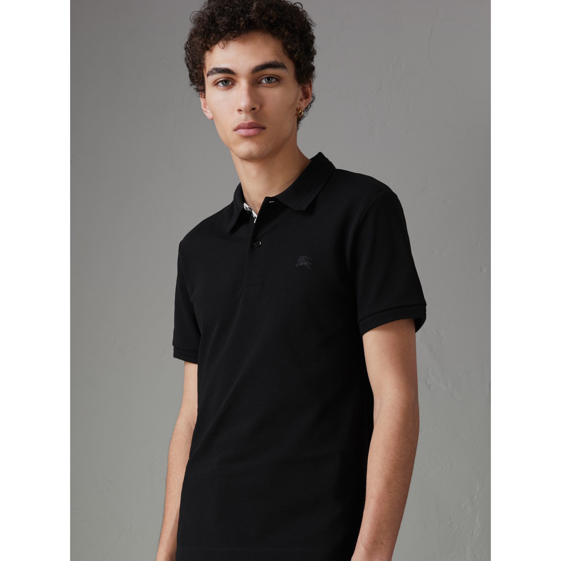 Daisy Print Trim Cotton Piqué Polo Shirt In Black Burberry United States