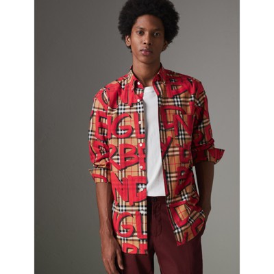 Burberry Graffiti Print Vintage Check Shirt In Bright Red