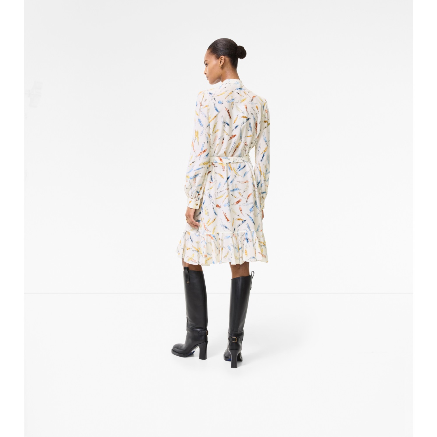Ruffled Feather Print Silk Dress - thumbnail 3