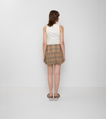 Pleated Check Wool Mini Kilt in Archive beige - Women