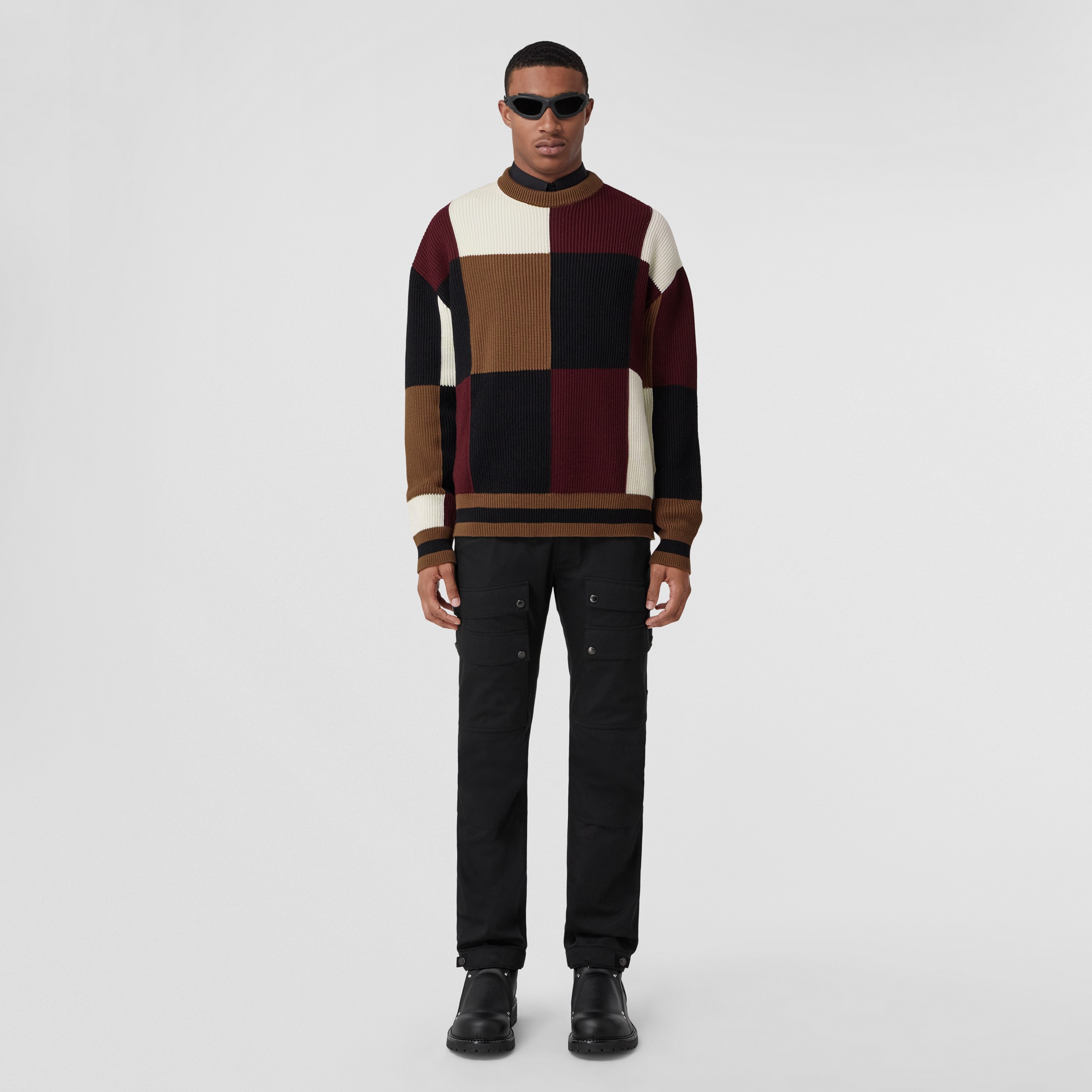 Patchwork Wool Cotton Oversized Sweater in Dark Birch Brown - Men | Burberry® Official - 4