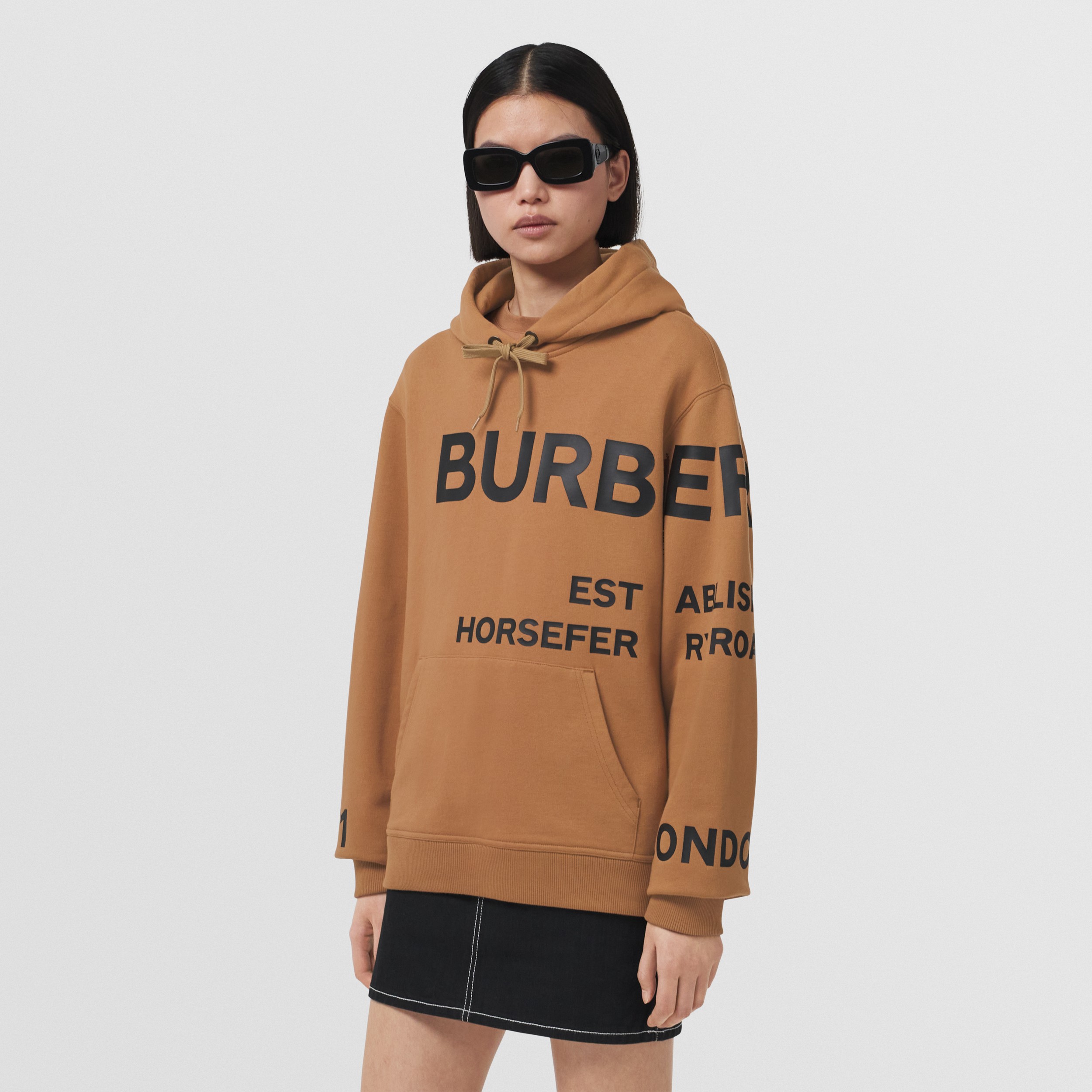 Horseferry Print Cotton Oversized Hoodie in Camel - Women | Burberry® Official - 1