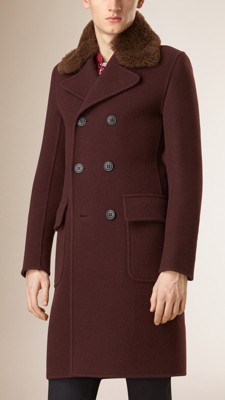 Black cherry Wool Topcoat with Detachable Shearling Collar - Image 2