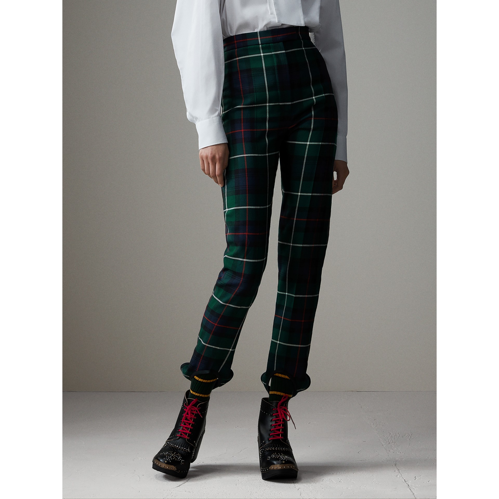 Tartan Wool Highwaisted Stirrup Trousers in Forest Green Women