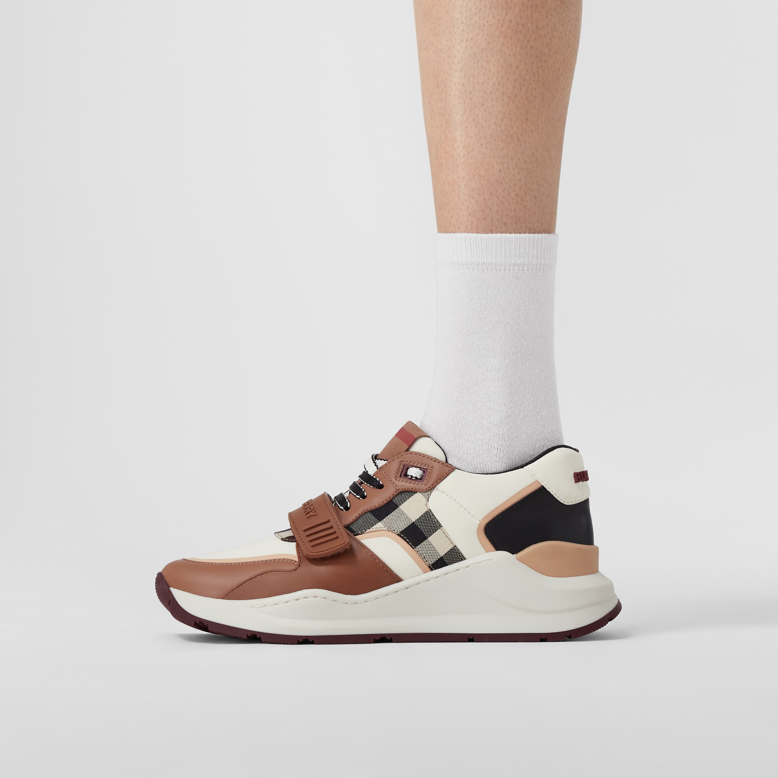 Check Cotton, Nylon and Leather Sneakers in White/birch Brown - Women | Burberry® Official Check Cotton, Nylon and Leather Sneakers in White/birch Brown - Women | Burberry® Official