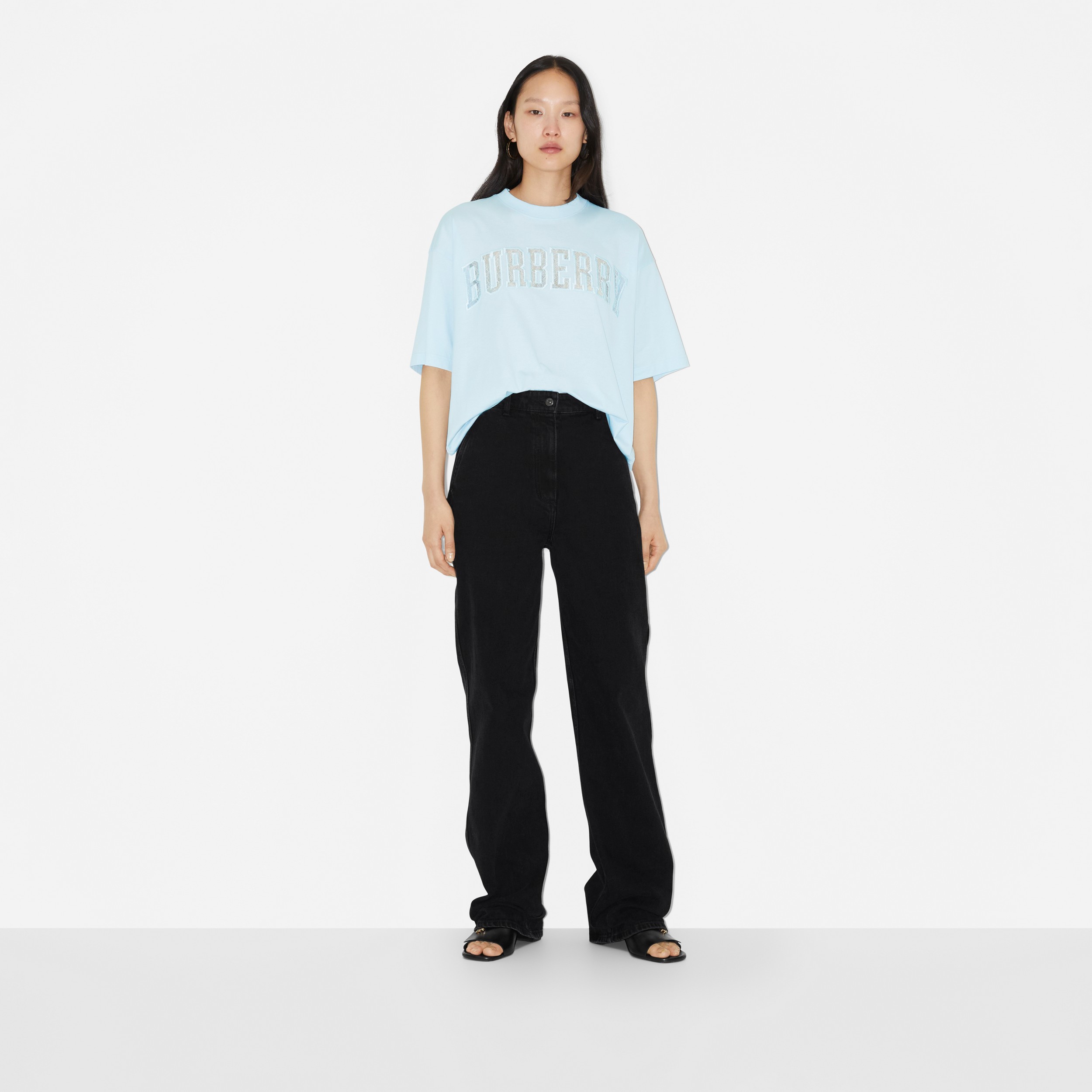 Lace Logo Cotton Oversized T-shirt in Glacier Blue - Women | Burberry® Official - 2