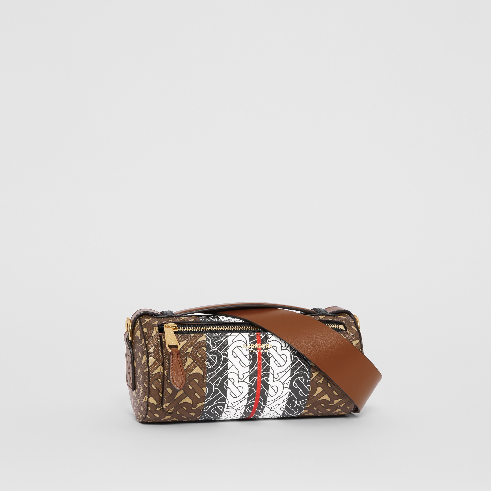 The Monogram Stripe E Canvas Barrel Bag In Bridle Brown Burberry United States