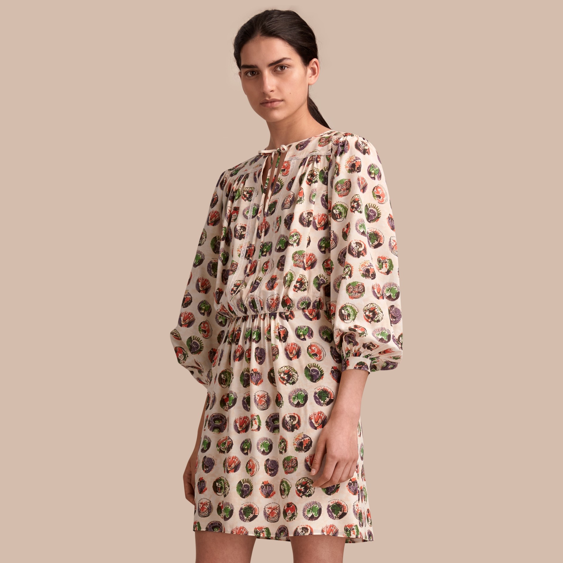 Pallas Heads Print Silk Dress with Neck Tie in Natural White - Women ...