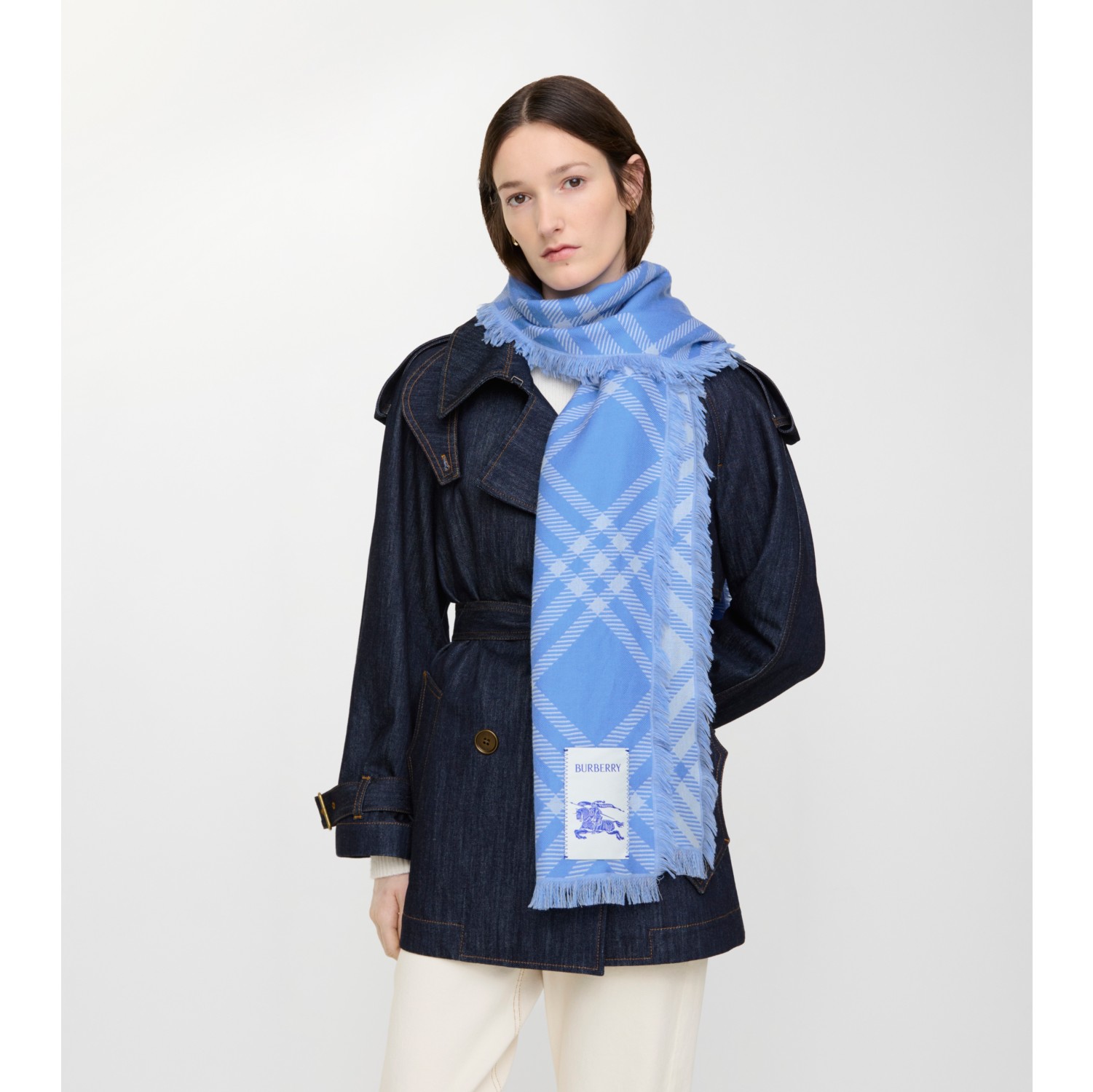 Wide Check Wool Silk Scarf in Dive blue | Burberry® Official